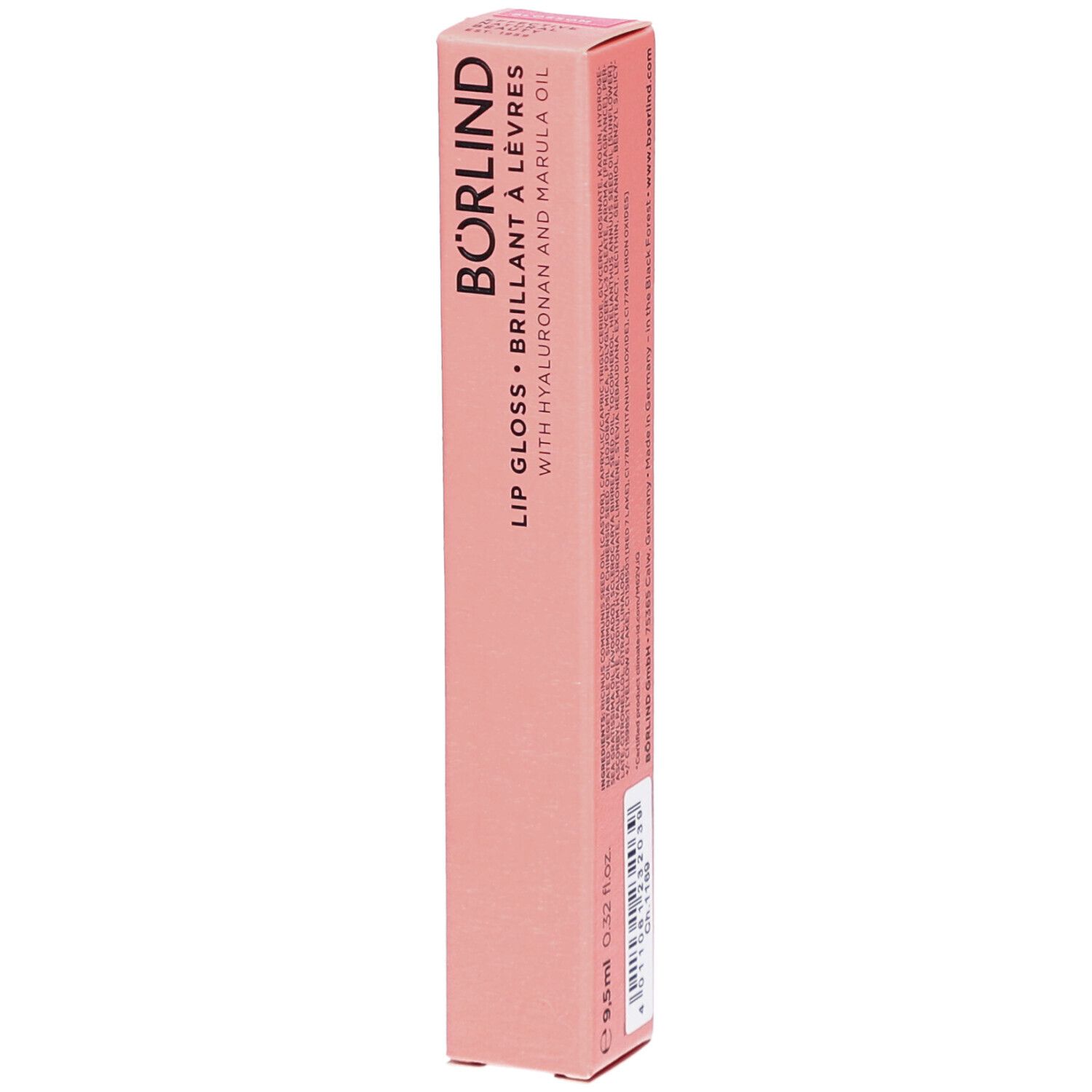 Emballage rose avec inscription BÖRLIND, Lipgloss, Brillant à lèvres. Avec acide hyaluronique et huile de marula. 9,5ml.