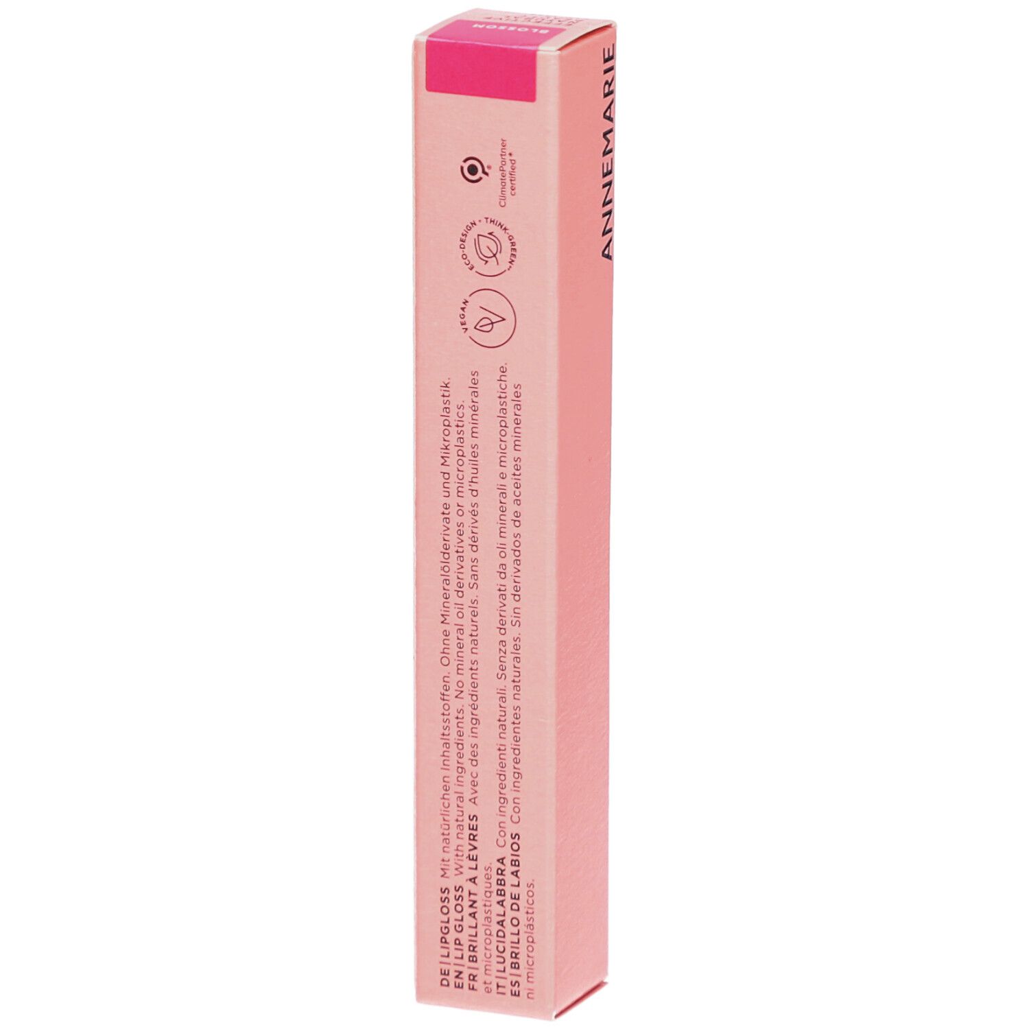 Emballage rose avec texte. Texte: Sans huile minérale, sans microplastique. Avec ingrédients naturels. Vegan.