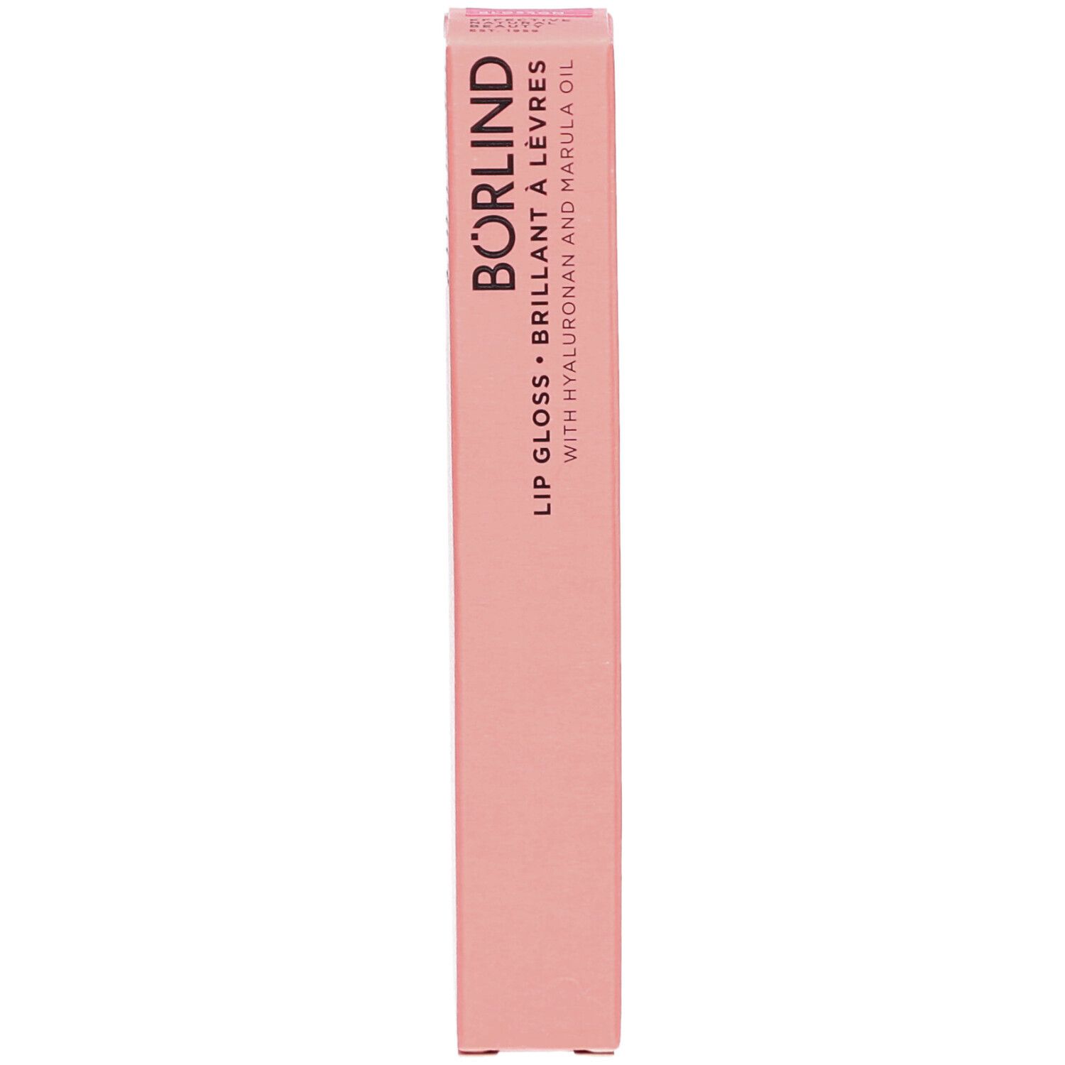 Emballage rose avec inscription BÖRLIND, Lipgloss, Brillant à lèvres. Avec acide hyaluronique et huile de marula. 9,5ml.