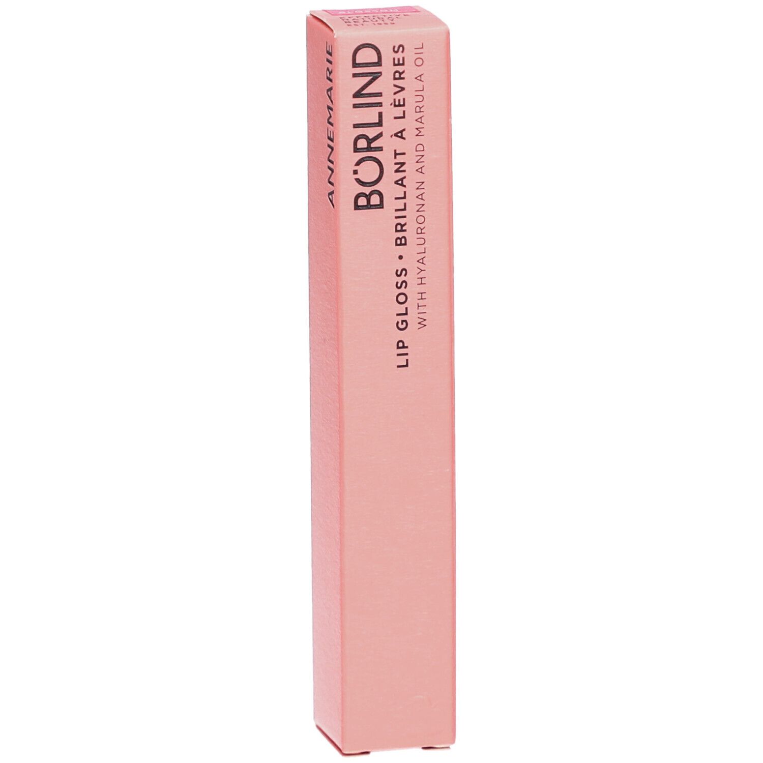 Emballage rose avec inscription ANNEMARIE BÖRLIND. Texte: Lipgloss, Brillant à lèvres. Avec acide hyaluronique et huile de marula.