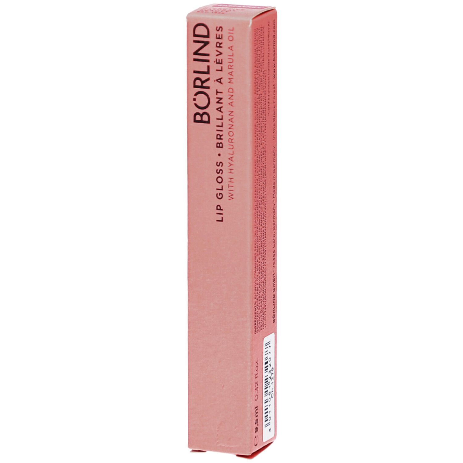 Emballage rose avec informations produit. Inscription: BÖRLIND, Lipgloss, avec acide hyaluronique et huile de marula.