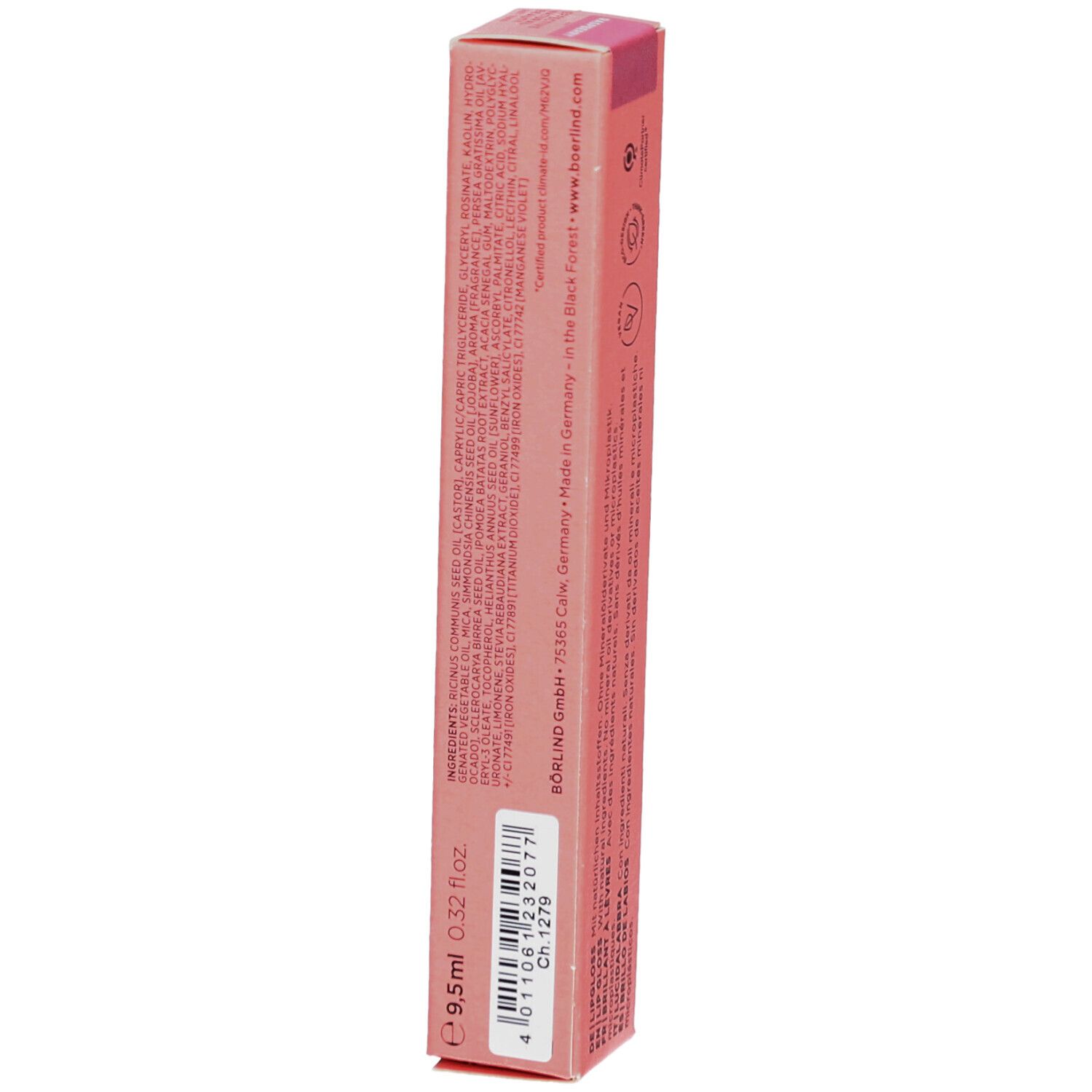 Tube de gloss avec bouchon noir. Texture rose scintillante. Inscription: ANNEMARIE BÖRLIND, Lipgloss.