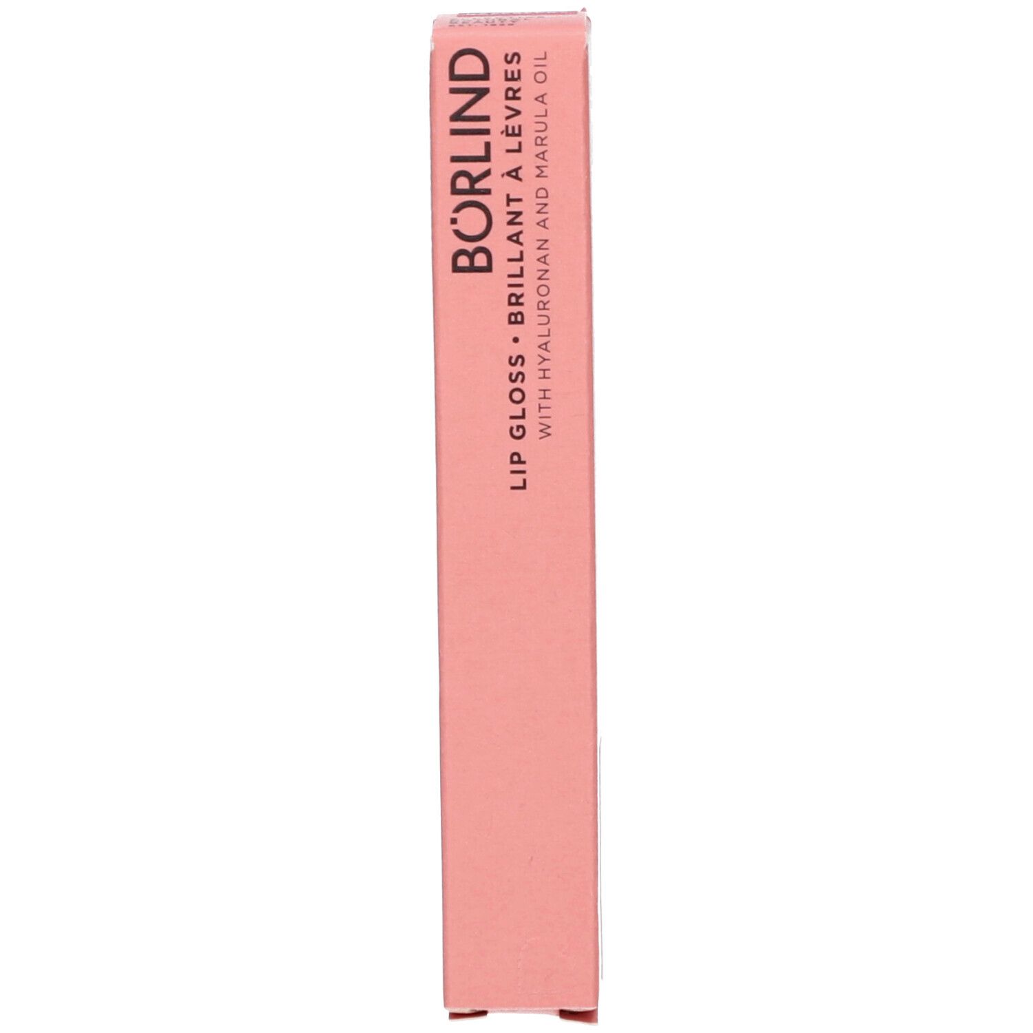 Emballage rose avec informations produit. Inscription: BÖRLIND, Lipgloss, avec acide hyaluronique et huile de marula.