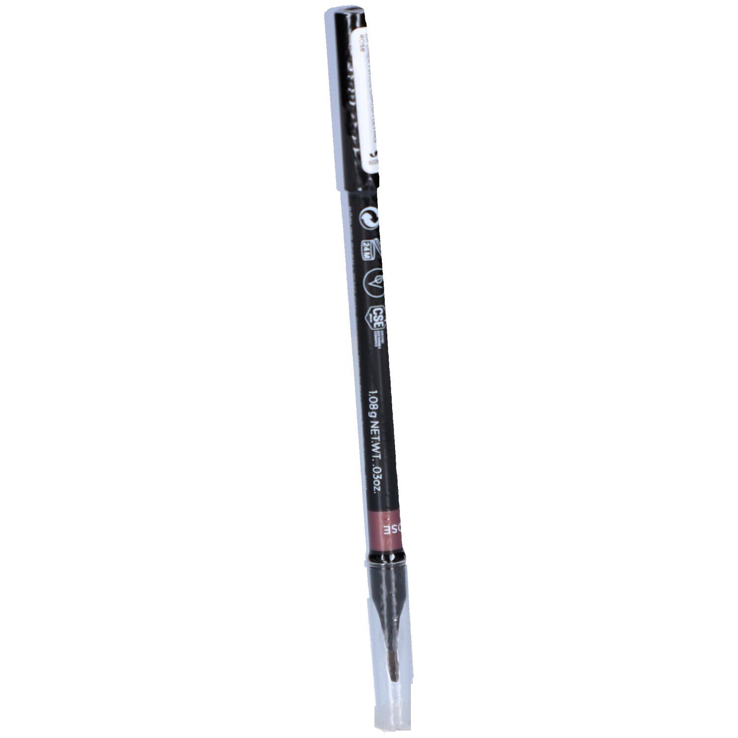 Crayon contour des lèvres marron foncé avec extrémité rose. Crayon noir avec texte blanc. Marque BÖRLIND.
