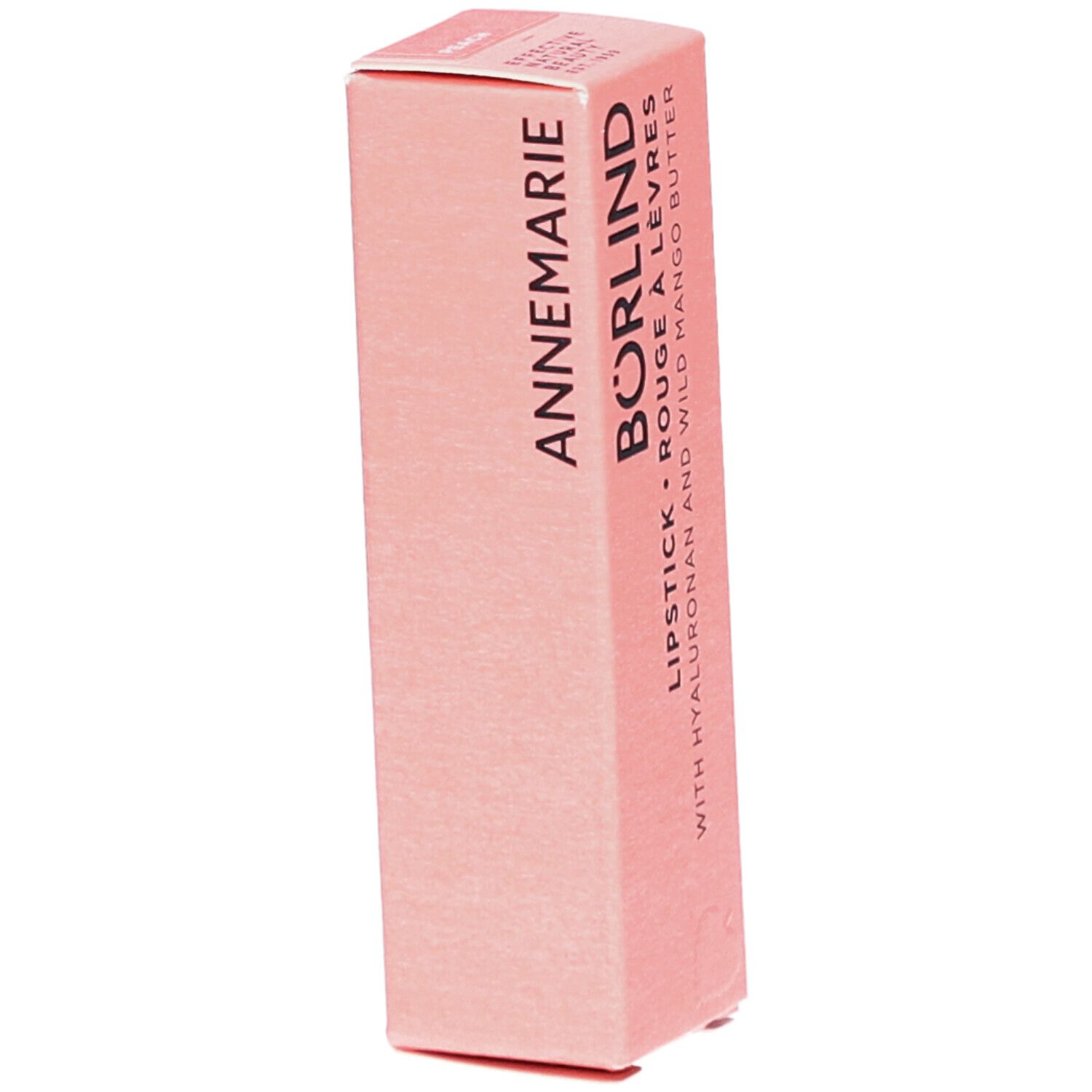 Emballage rose de rouge à lèvres. Inscription : ANNEMARIE BÖRLIND, ROUGE À LÈVRES, avec Hyaluron et beurre de mangue.