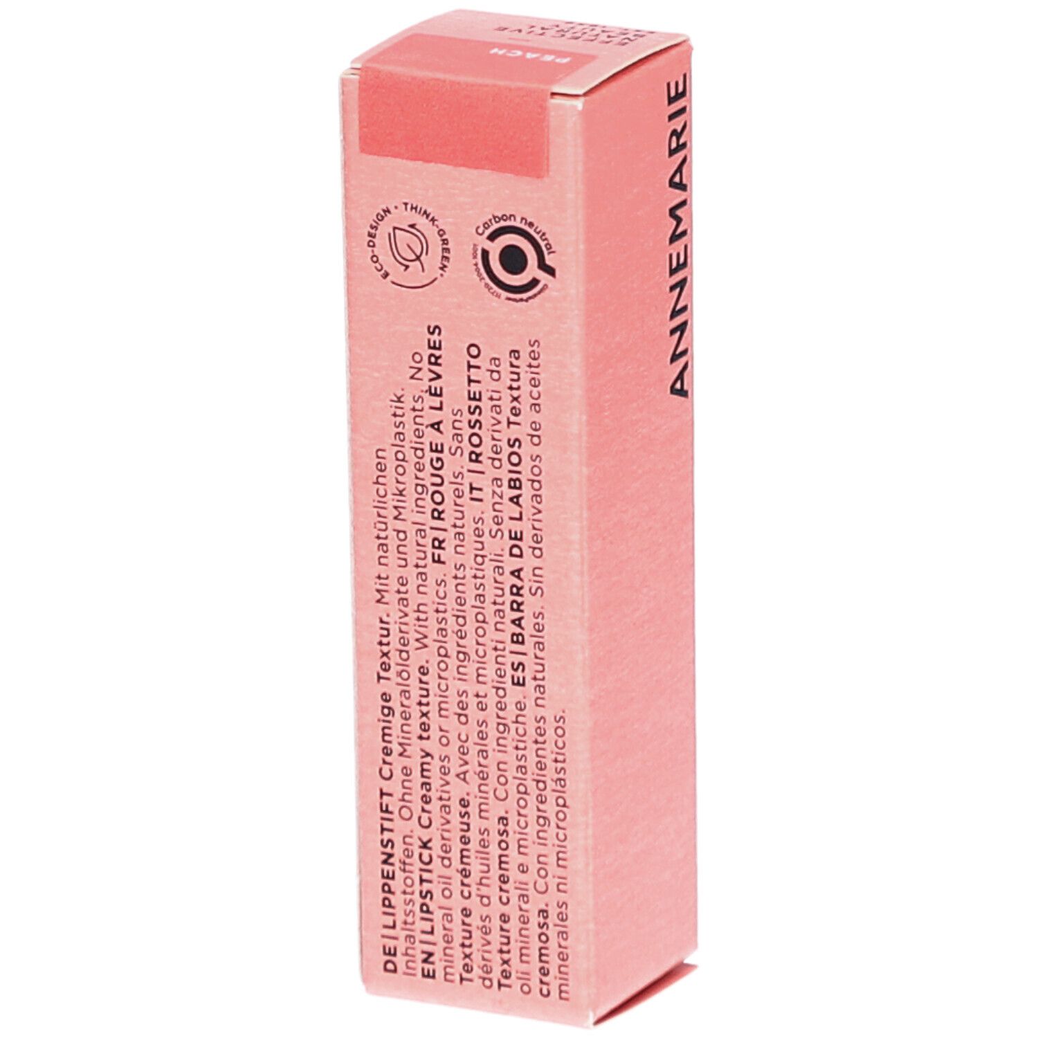 Emballage rose de rouge à lèvres. Inscription : ANNEMARIE, PEACH. Texte en allemand, anglais, français et italien.