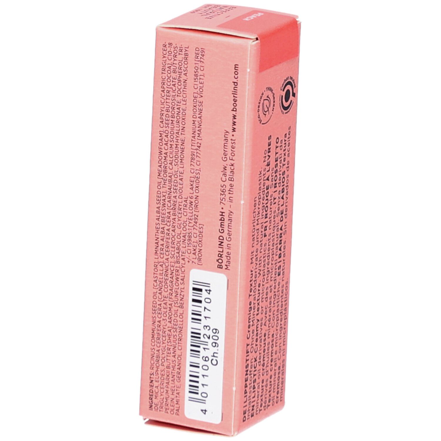Emballage rose de rouge à lèvres. Ingrédients et informations sur le fabricant. Code-barres et code.