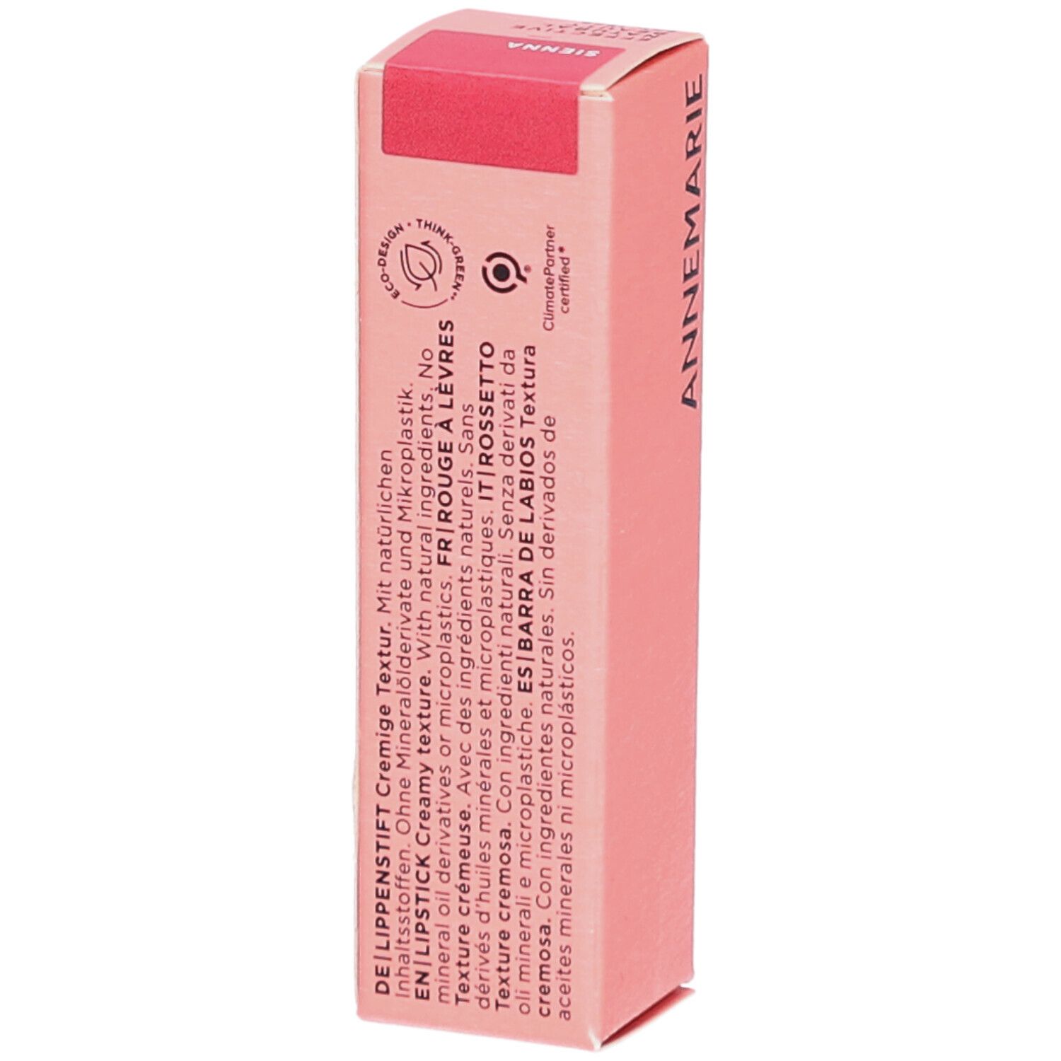 Emballage rose pour rouge à lèvres. Texte : DE LIPPENSTIFT Texture crémeuse. Ingrédients. Sans dérivés d'huiles minérales.