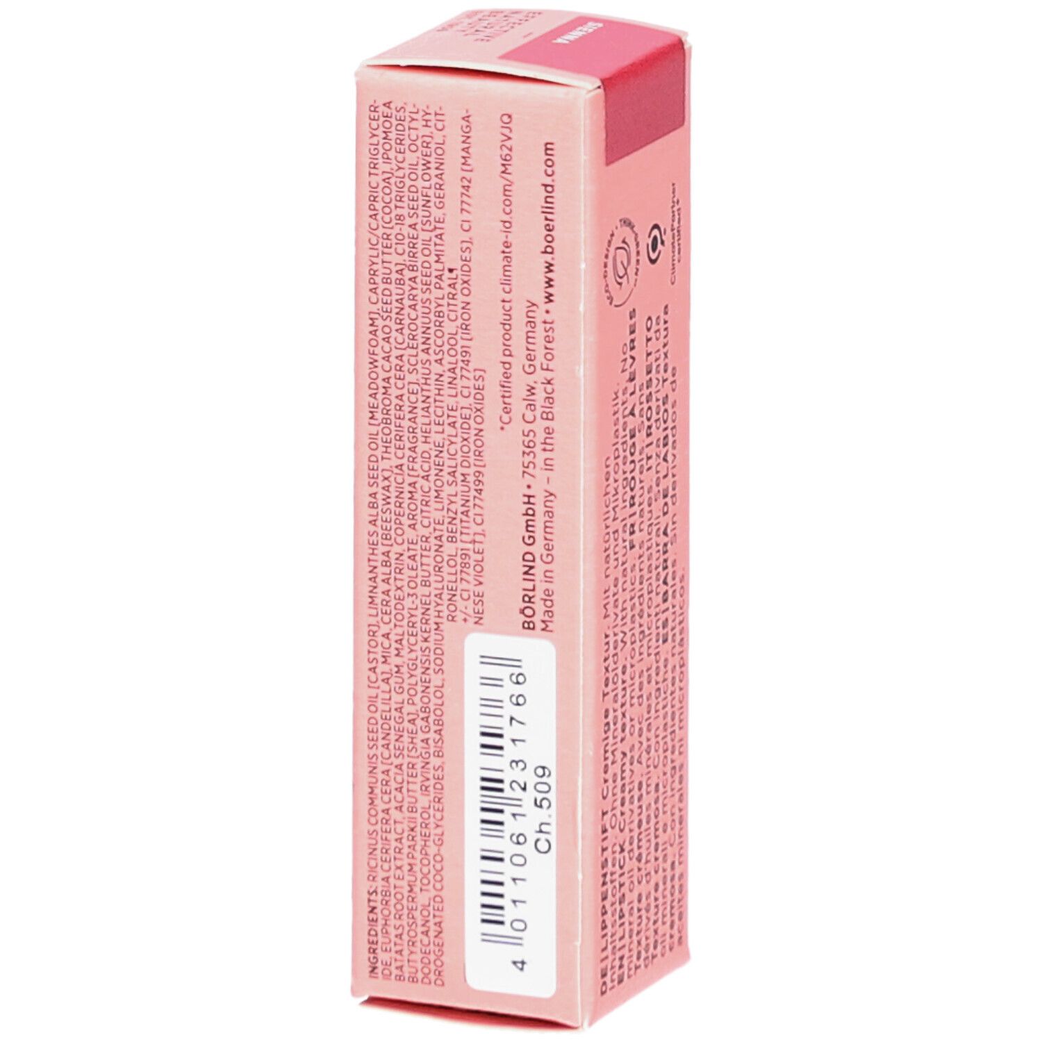 Emballage rose pour rouge à lèvres. Texte : Ingrédients, Ch 509. BÖRLIND GmbH, Fabriqué en Allemagne.