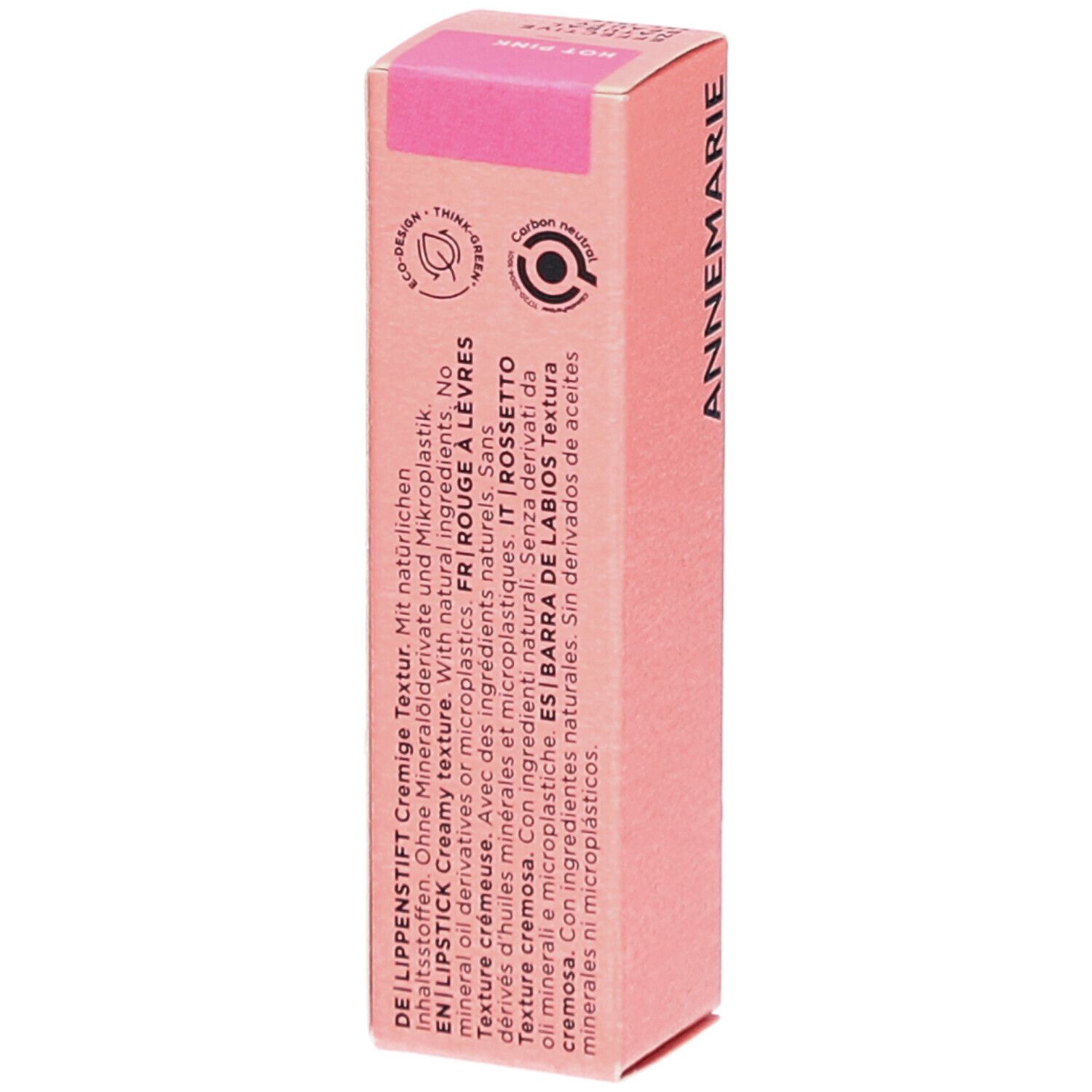 Emballage de rouge à lèvres rose. Texte: DE LIPPENSTIFT Texture crémeuse. Logo éco-design. Texte en allemand, anglais, français, italien, espagnol.