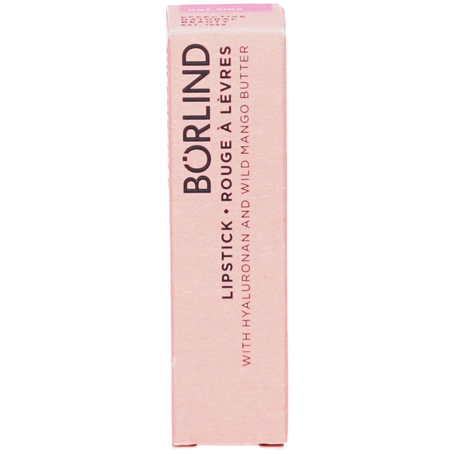 Emballage de rouge à lèvres rose. Inscription: BÖRLIND LIPSTICK ROUGE À LÈVRES, Hyaluron et beurre de mangue sauvage. Marque visible.