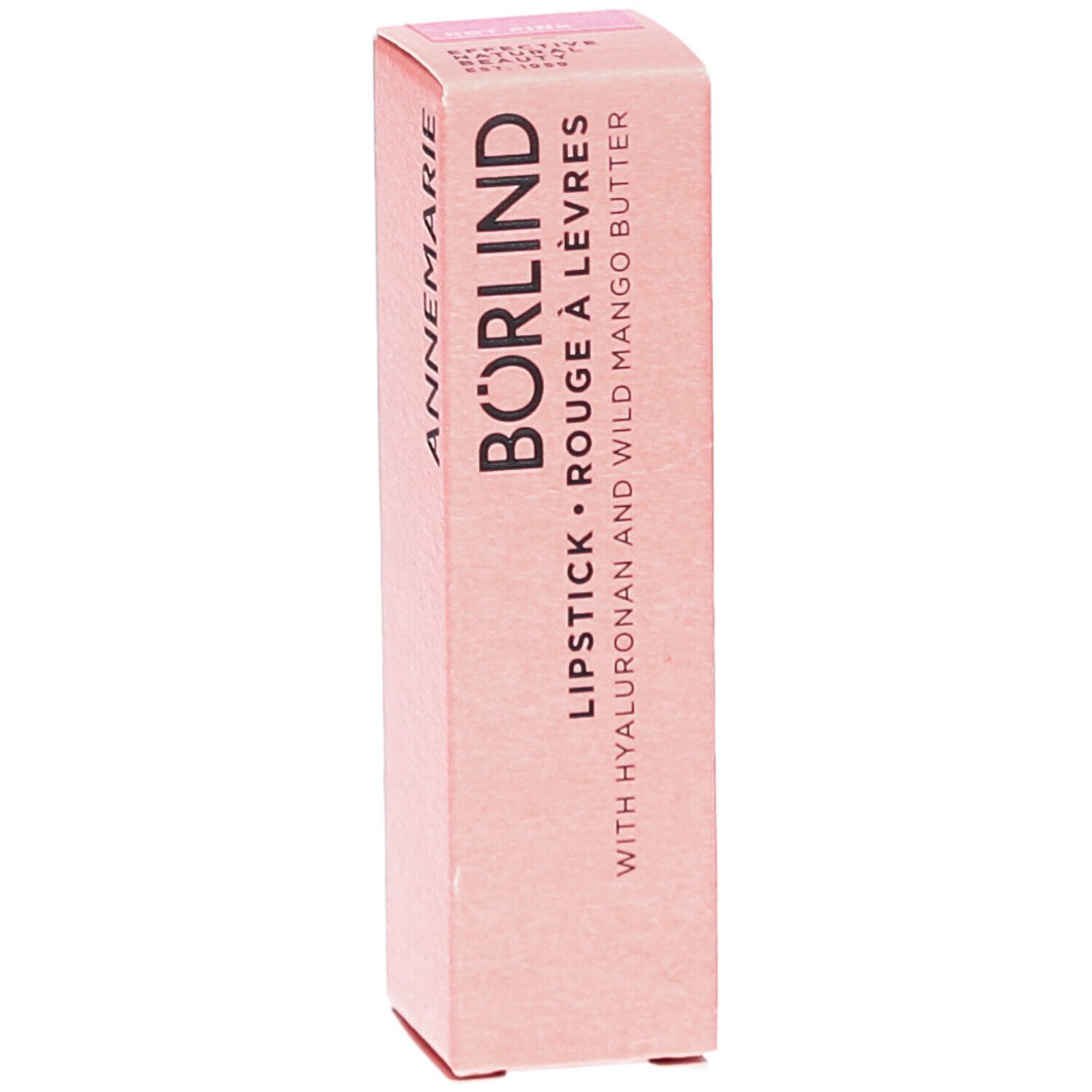 Emballage de rouge à lèvres rose. Inscription: ANNEMARIE BÖRLIND LIPSTICK ROUGE À LÈVRES, Hyaluron et beurre de mangue sauvage. Marque visible.