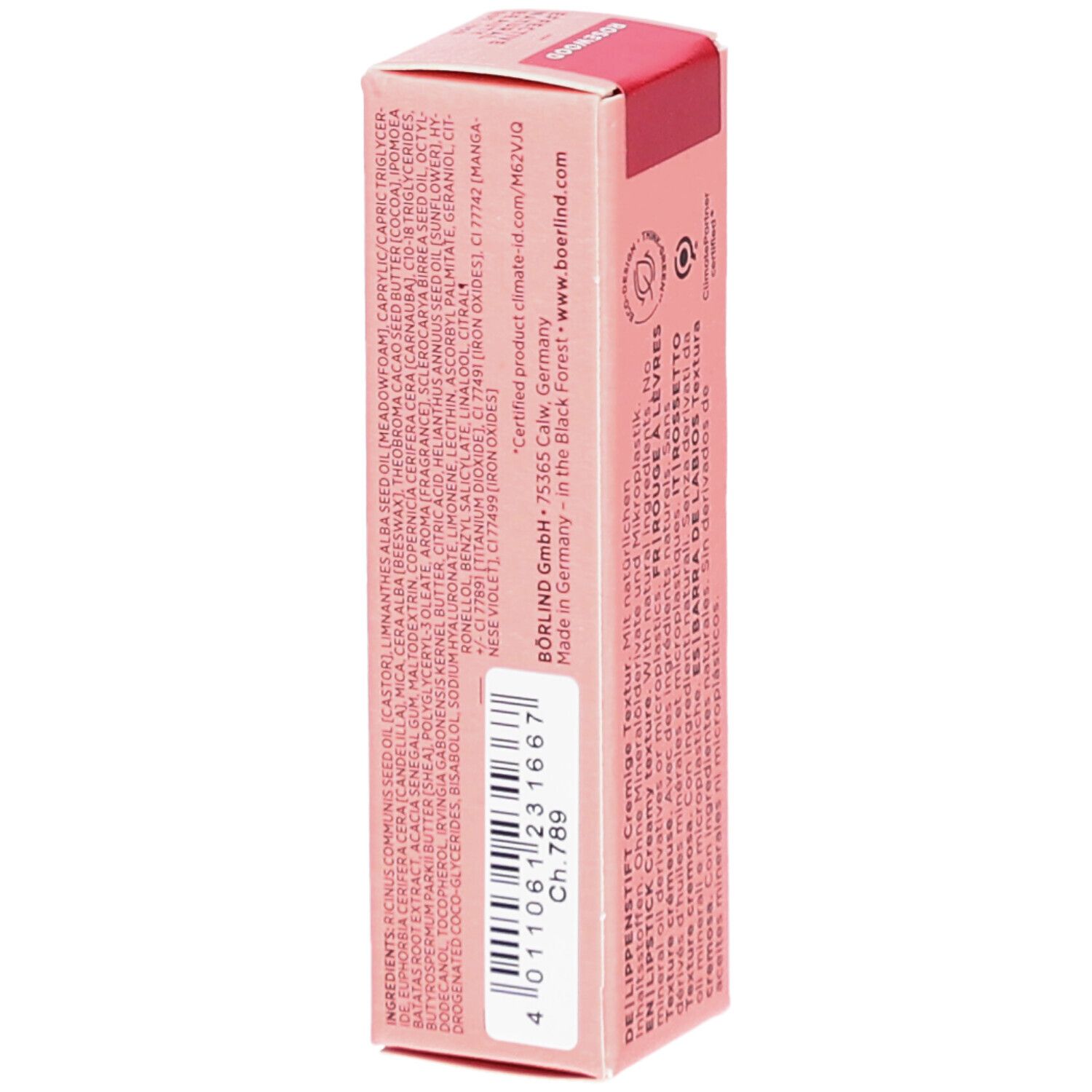 Emballage de rouge à lèvres rose. Inscription : Ingrédients, Fabriqué en Allemagne. Code : Ch 789. Certification : ClimatePartner.