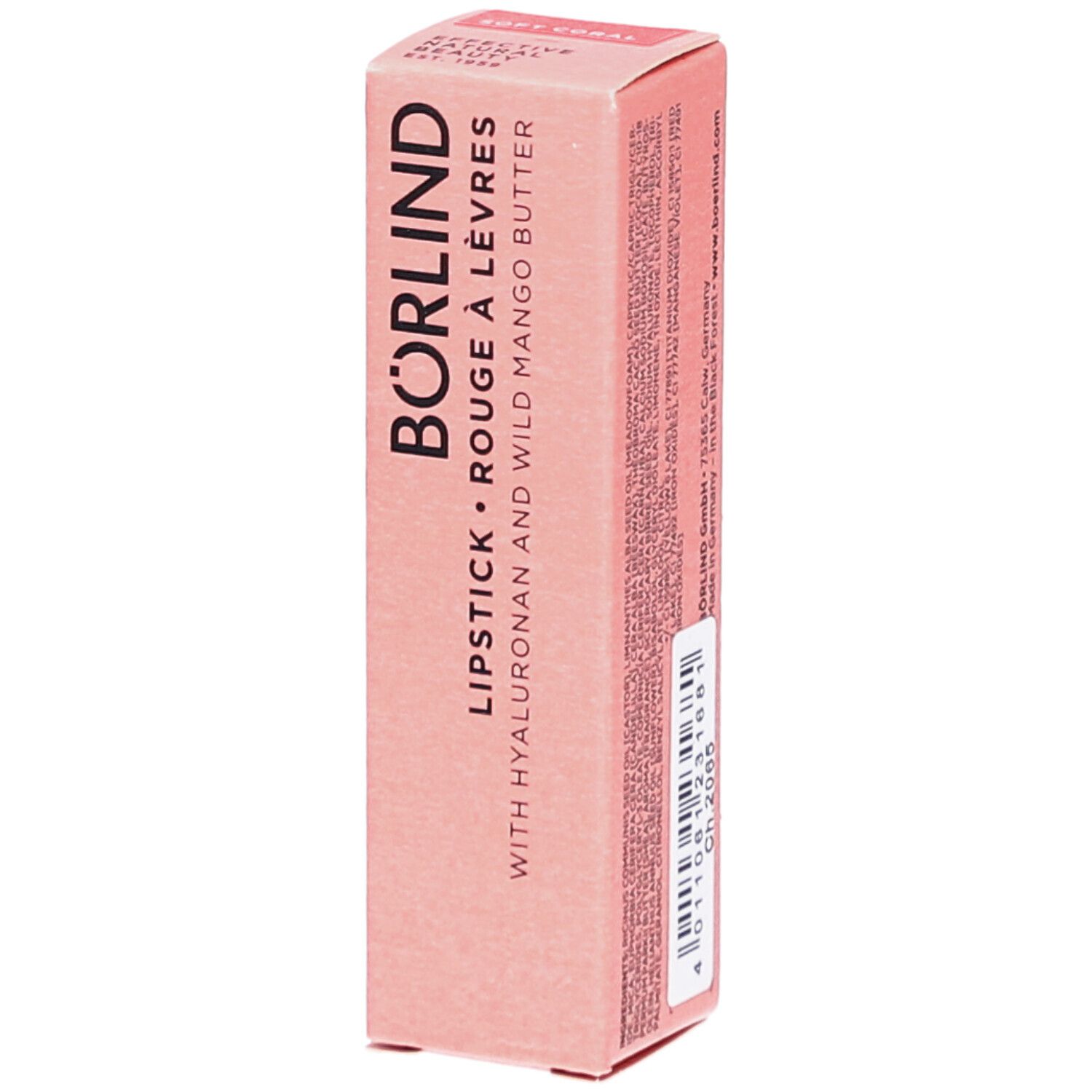 Emballage de rouge à lèvres BÖRLIND. Boîte rose avec informations produit. Inscription: LIPSTICK ROUGE À LÈVRES.