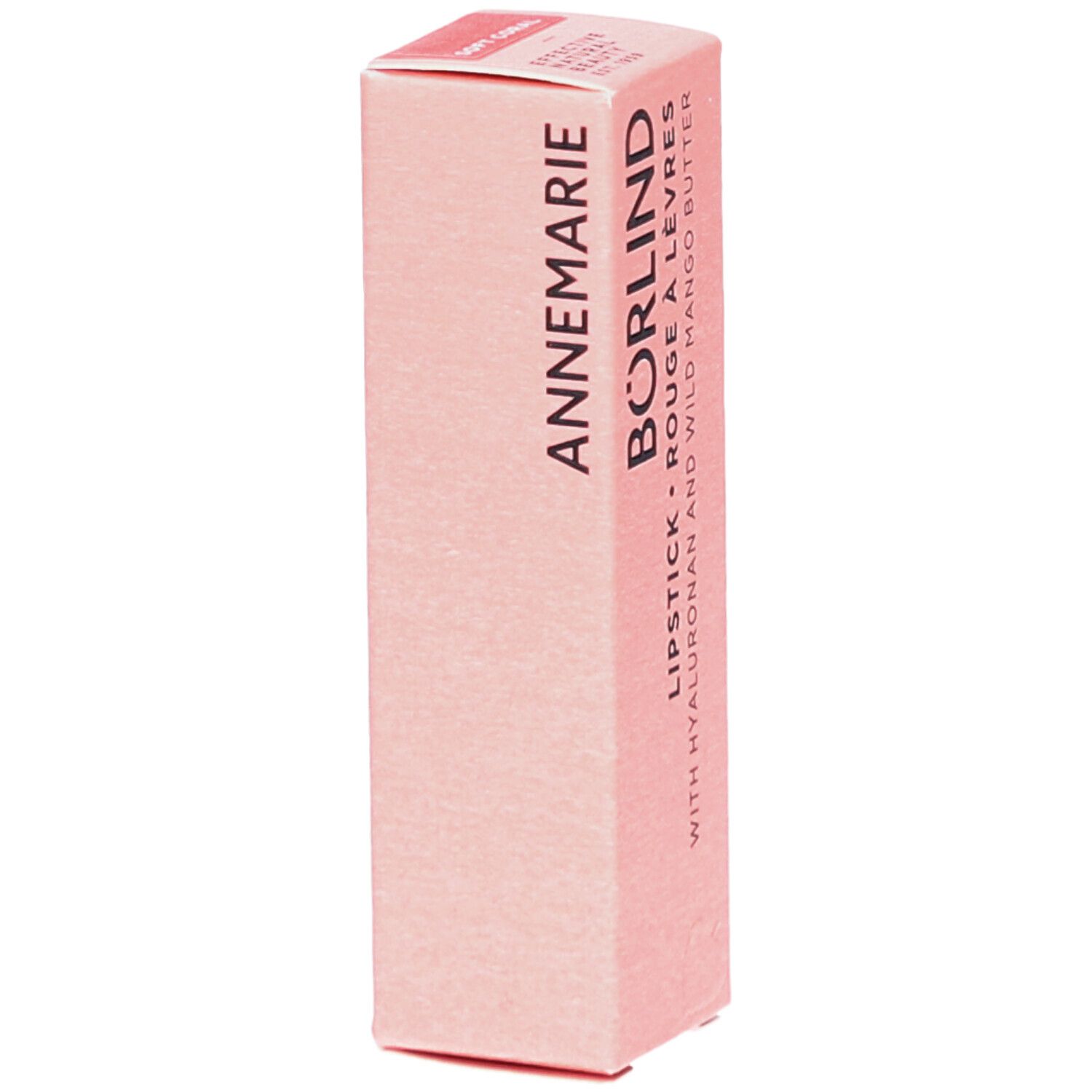 Emballage de rouge à lèvres BÖRLIND. Boîte rose avec informations produit. Inscription: ANNEMARIE BÖRLIND.