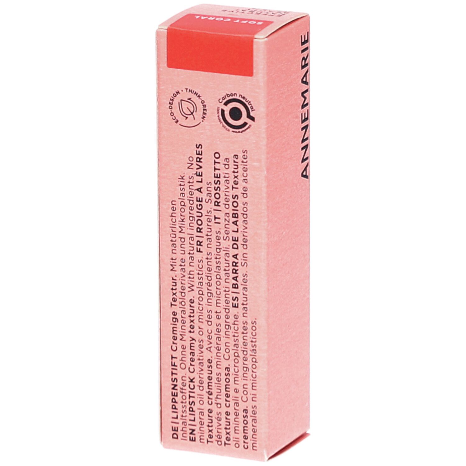 Emballage de rouge à lèvres BÖRLIND. Boîte rose avec informations produit. Inscription: SOFT CORAL. Texture.