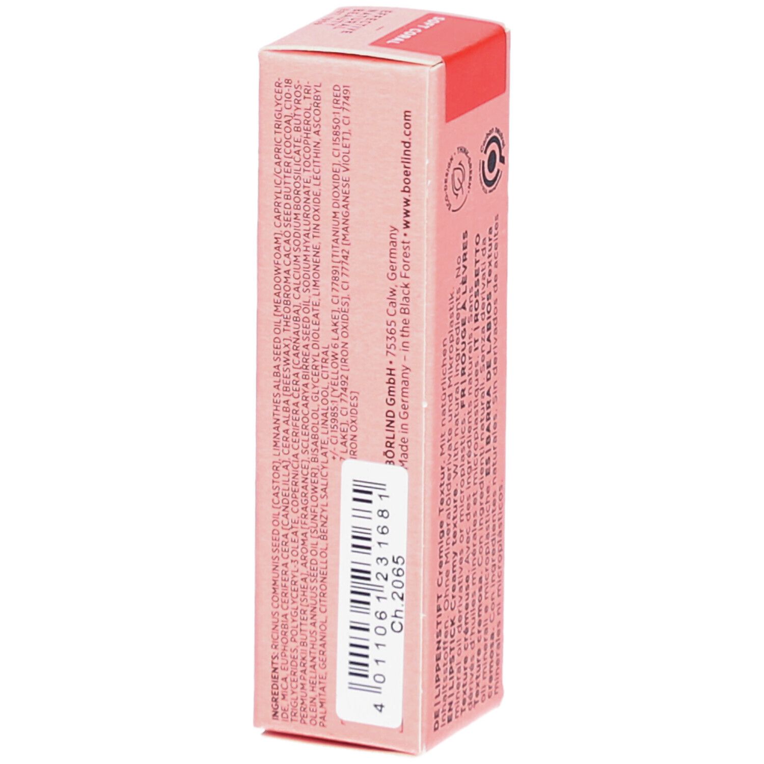 Emballage de rouge à lèvres BÖRLIND. Boîte rose avec ingrédients et informations fabricant. Texte.