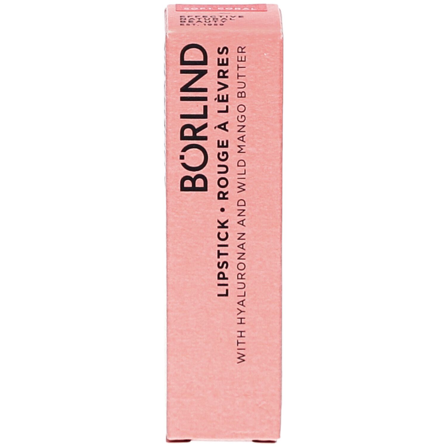 Emballage de rouge à lèvres BÖRLIND. Boîte rose avec informations produit. Inscription: LIPSTICK ROUGE À LÈVRES.