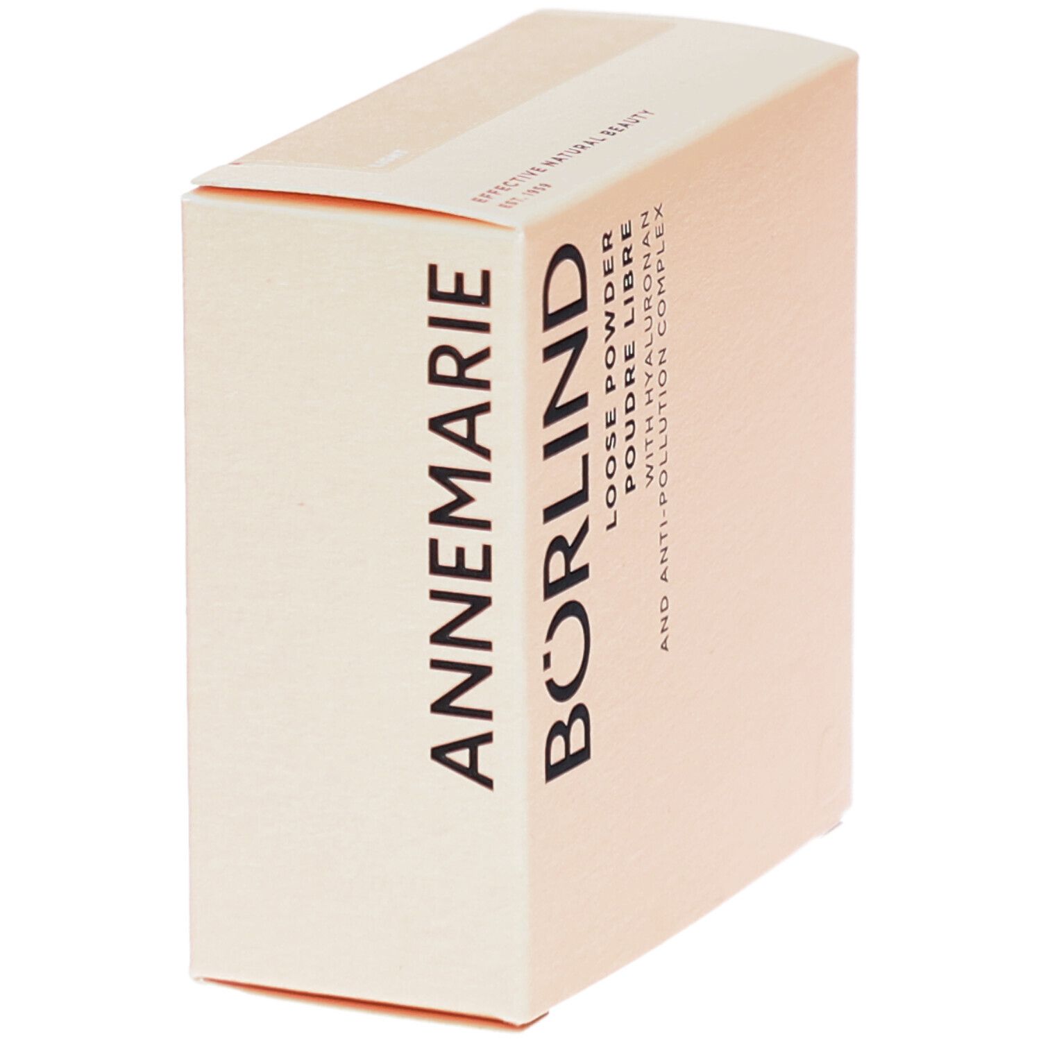 Boîte beige avec inscription ANNEMARIE BÖRLIND, LOOSE POWDER, POUDRE LIBRE, avec Hyaluron et Anti-Pollution Complex.