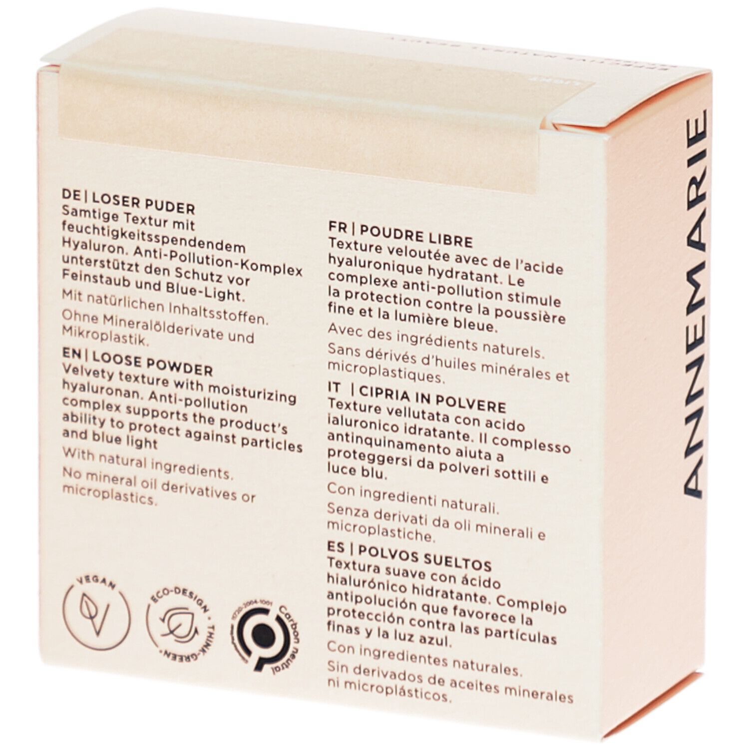 Dos de l'emballage avec texte en allemand, anglais, français, italien et espagnol. Labels vegan et éco-design.