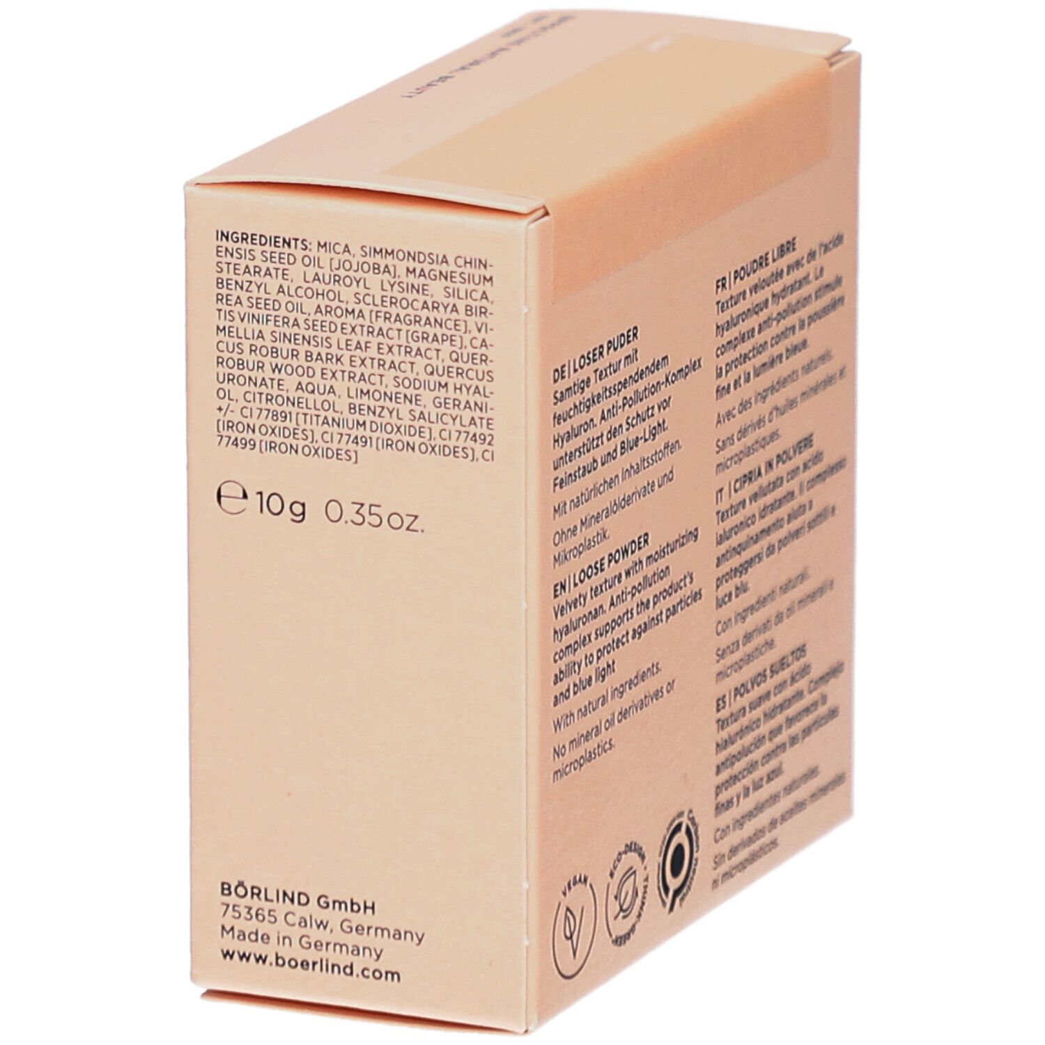 Boîte avec ingrédients, texte en allemand et français. e10g 0.35oz. BÖRLIND GmbH.