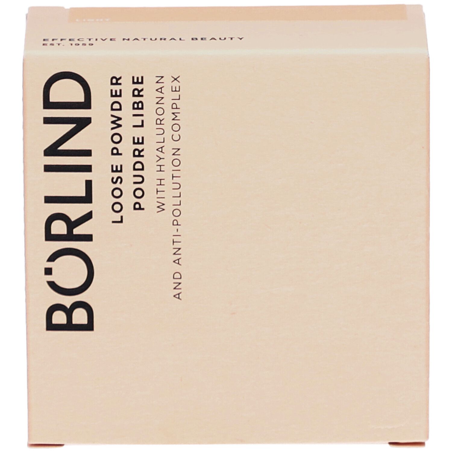 Boîte avec inscription BÖRLIND, LOOSE POWDER, POUDRE LIBRE, avec Hyaluron et Anti-Pollution Complex. Beige.