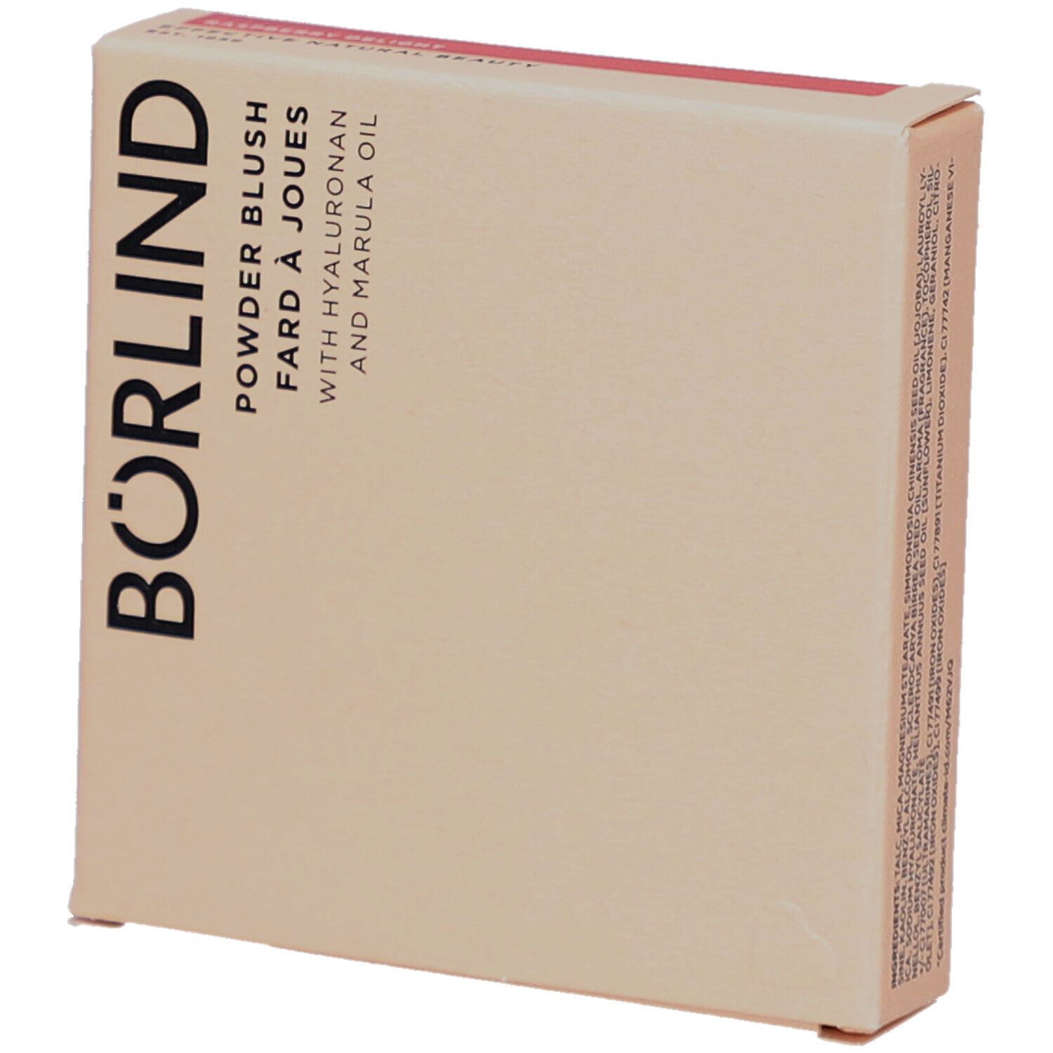 Boîte en carton beige. Inscription : BÖRLIND, Powder Blush, Fard à Joues, avec Hyaluron et huile de Marula.