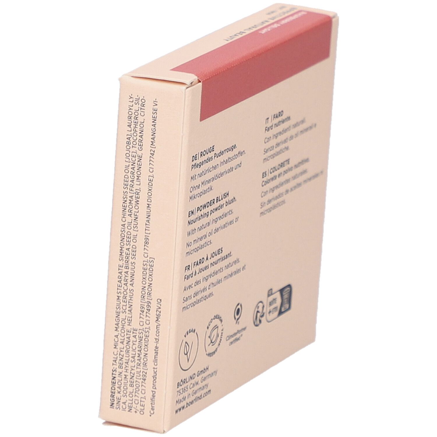 Boîte en carton inclinée. Dos avec ingrédients et texte multilingue. Logos.