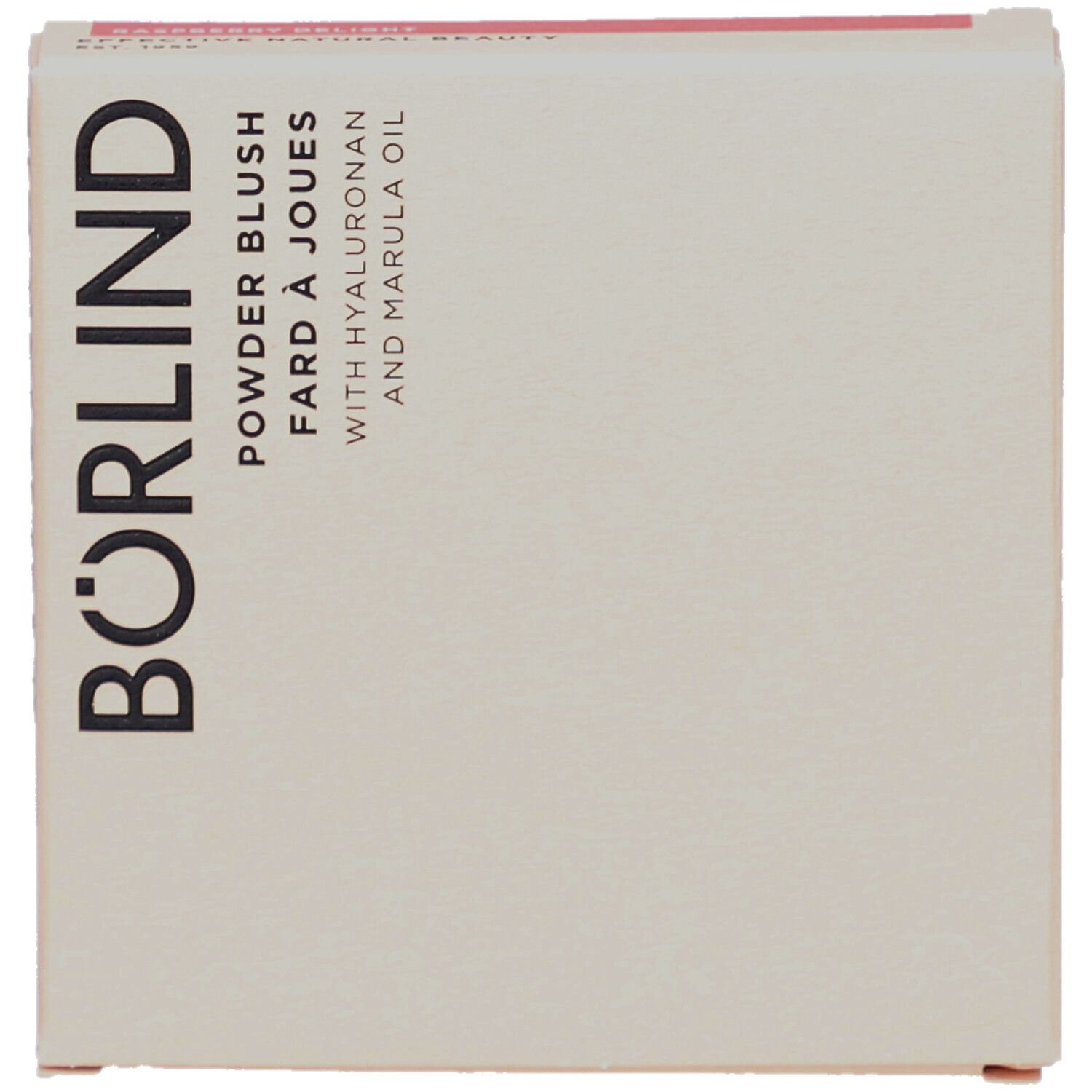 Boîte en carton, vue de dessus. Inscription : BÖRLIND, Powder Blush, Fard à Joues, avec Hyaluron et huile de Marula.