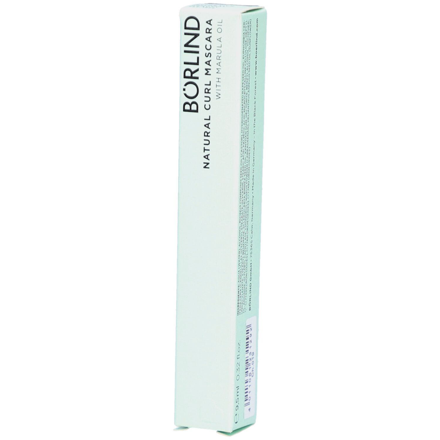 Boîte de mascara. Inscription: BÖRLIND NATURAL CURL MASCARA WITH MARULA OIL. Emballage vert clair.