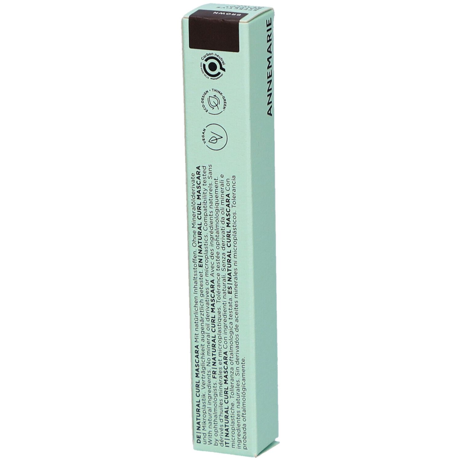 Emballage de mascara vert clair. Inscription: ANNEMARIE BÖRLIND NATURAL CURL MASCARA. Avec certifications.