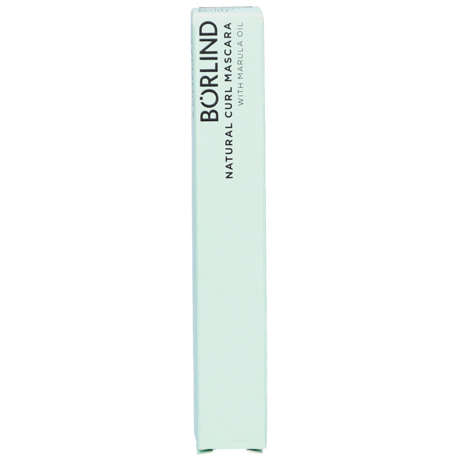 Emballage de mascara vert clair. Inscription: BÖRLIND NATURAL CURL MASCARA WITH MARULA OIL. Vertical.