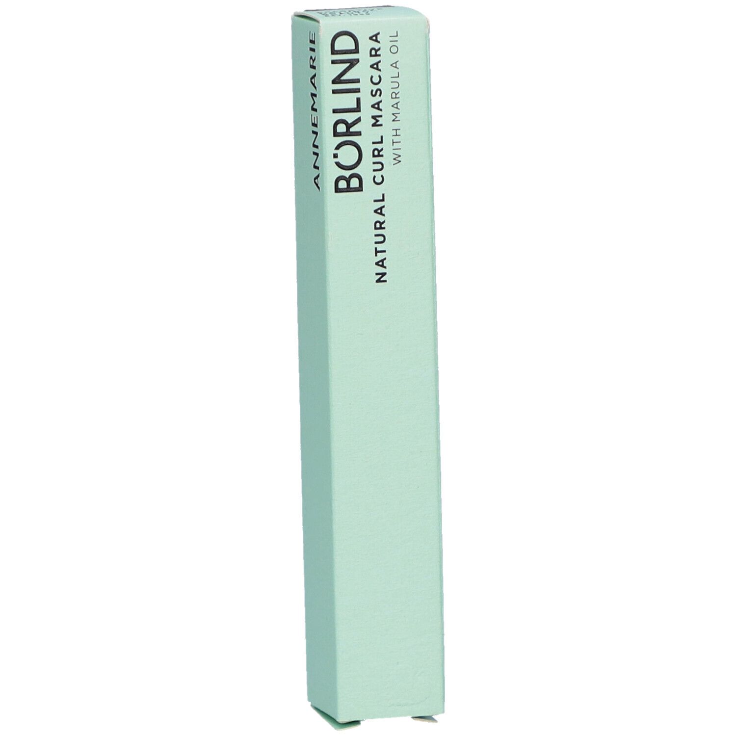 Emballage de mascara vert clair. Inscription: ANNEMARIE BÖRLIND NATURAL CURL MASCARA. En biais.