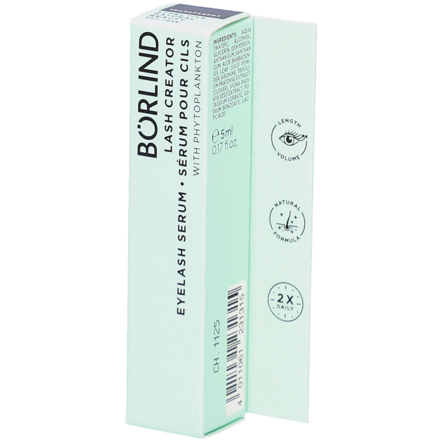 Boîte de sérum pour cils BÖRLIND. Emballage vert clair avec informations et logos. Contient 5ml.