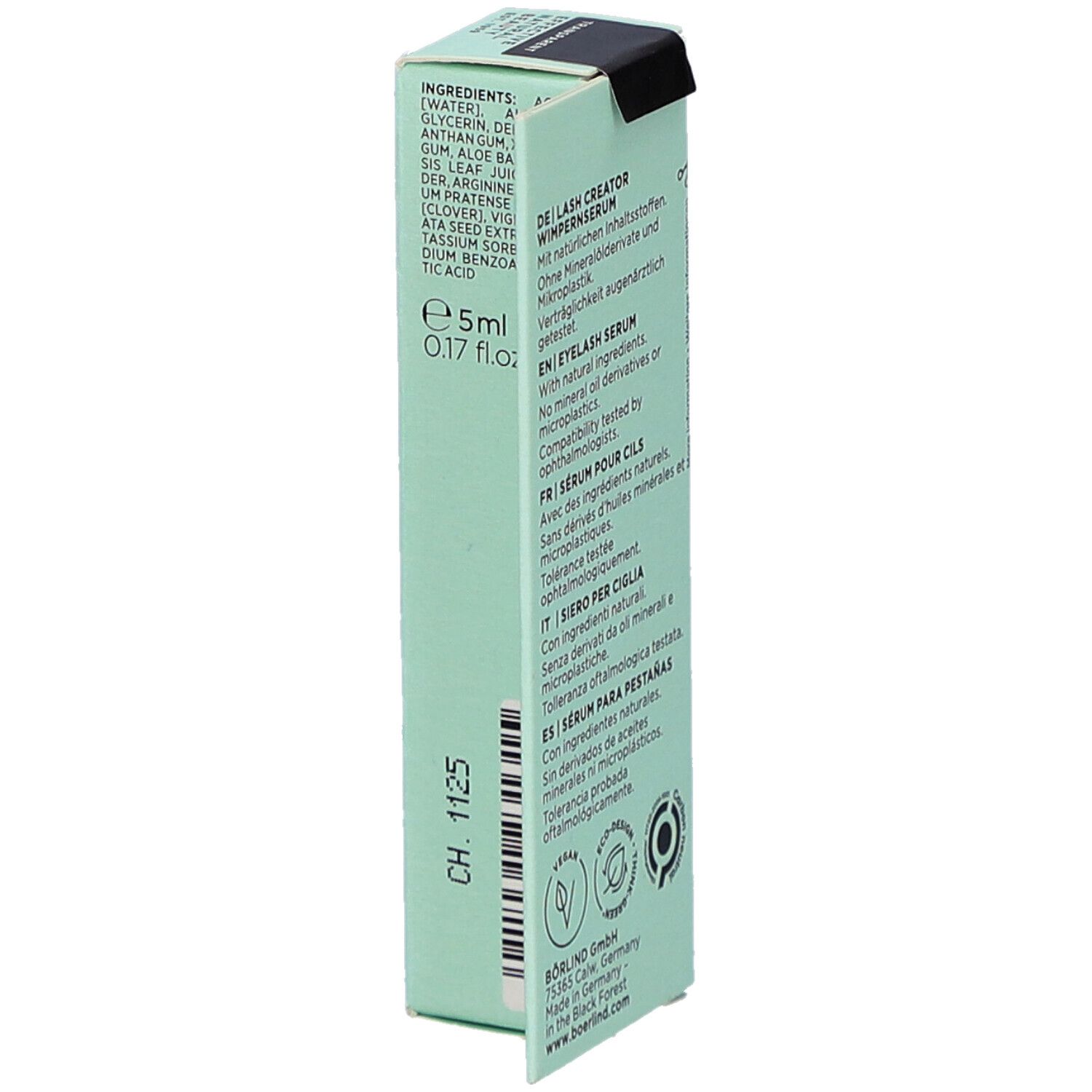 Boîte de sérum pour cils BÖRLIND. Emballage vert clair avec ingrédients et informations. Contient 5ml.