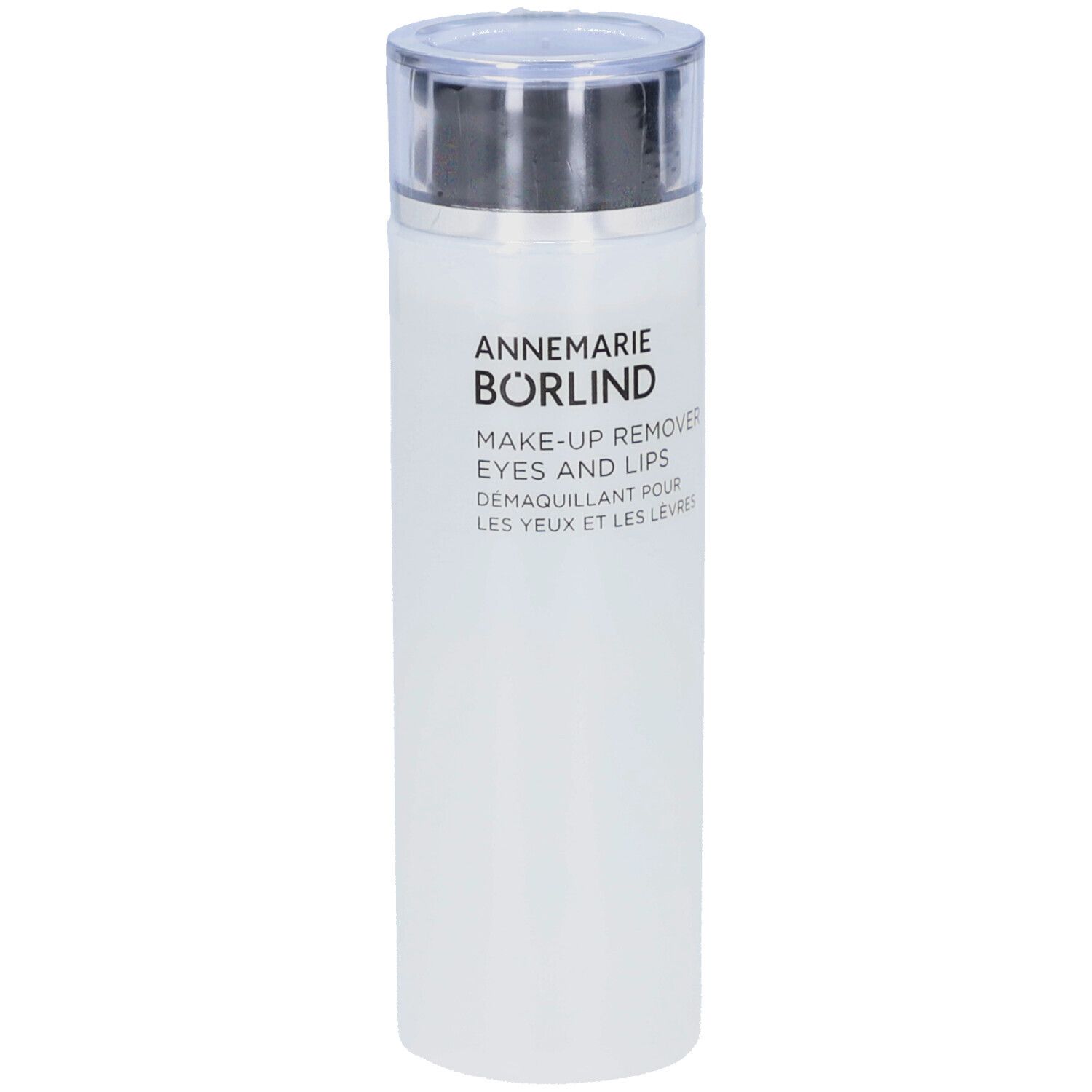 Flacon blanc avec bouchon argenté. Inscription: ANNEMARIE BÖRLIND, MAKE-UP REMOVER EYES AND LIPS. Traduction française.
