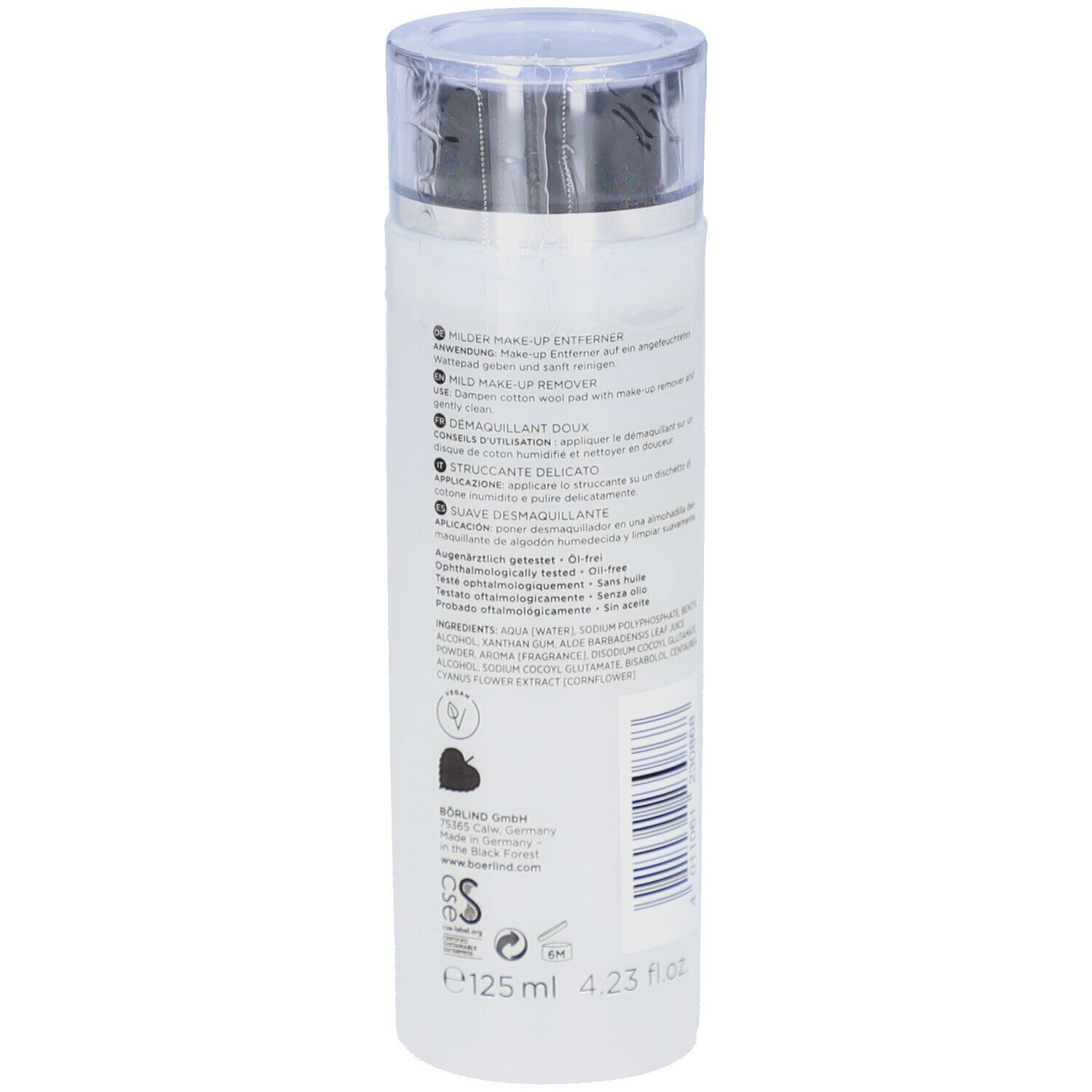 Dos du flacon. Texte multilingue. Ingrédients et logos. Volume : 125 ml.