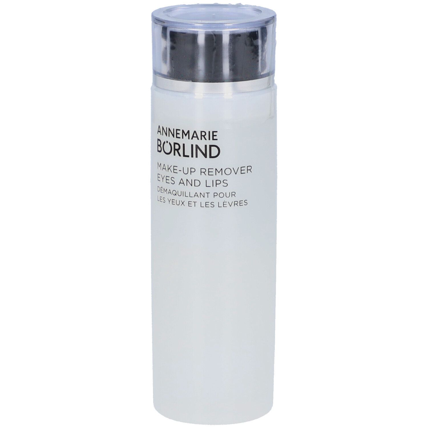 Flacon blanc avec bouchon argenté. Inscription: ANNEMARIE BÖRLIND, MAKE-UP REMOVER EYES AND LIPS. Traduction française.