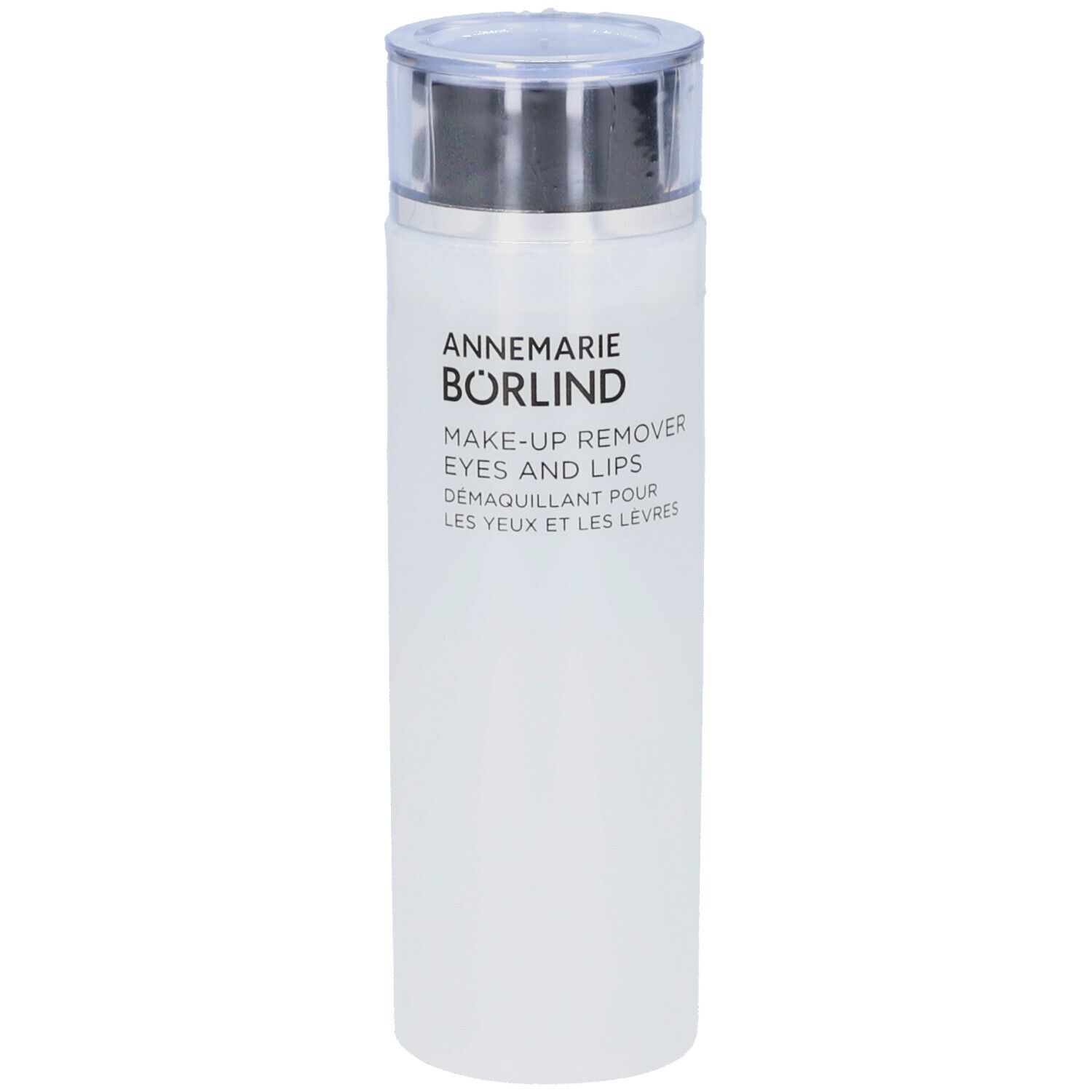 Flacon blanc avec bouchon argenté. Inscription: ANNEMARIE BÖRLIND, MAKE-UP REMOVER EYES AND LIPS. Traduction française.