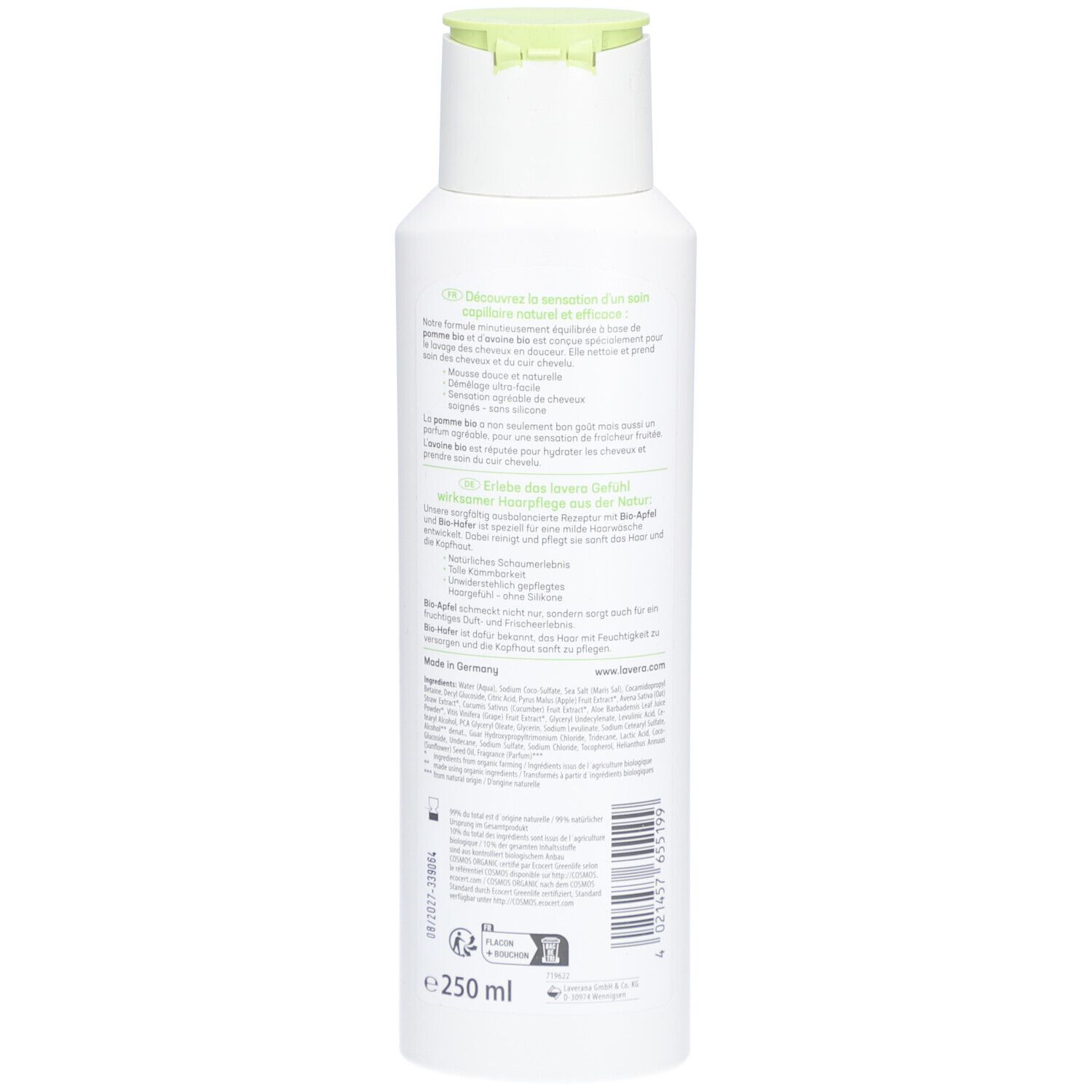 Dos du flacon blanc. Texte multilingue. Inscription: lavera, BIO, Pflegeshampoo Familie. Code-barres et certifications.
