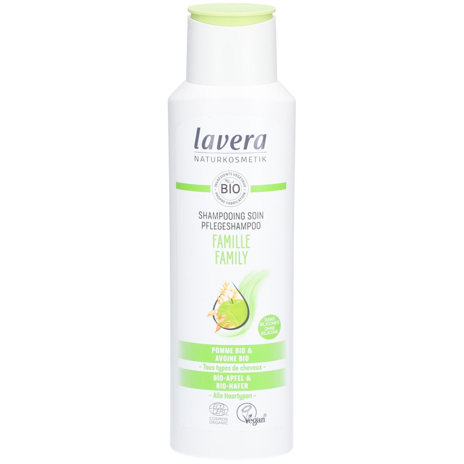 Flacon blanc, bouchon vert. Inscription: lavera, BIO, Pflegeshampoo Familie. Illustration pomme et avoine.