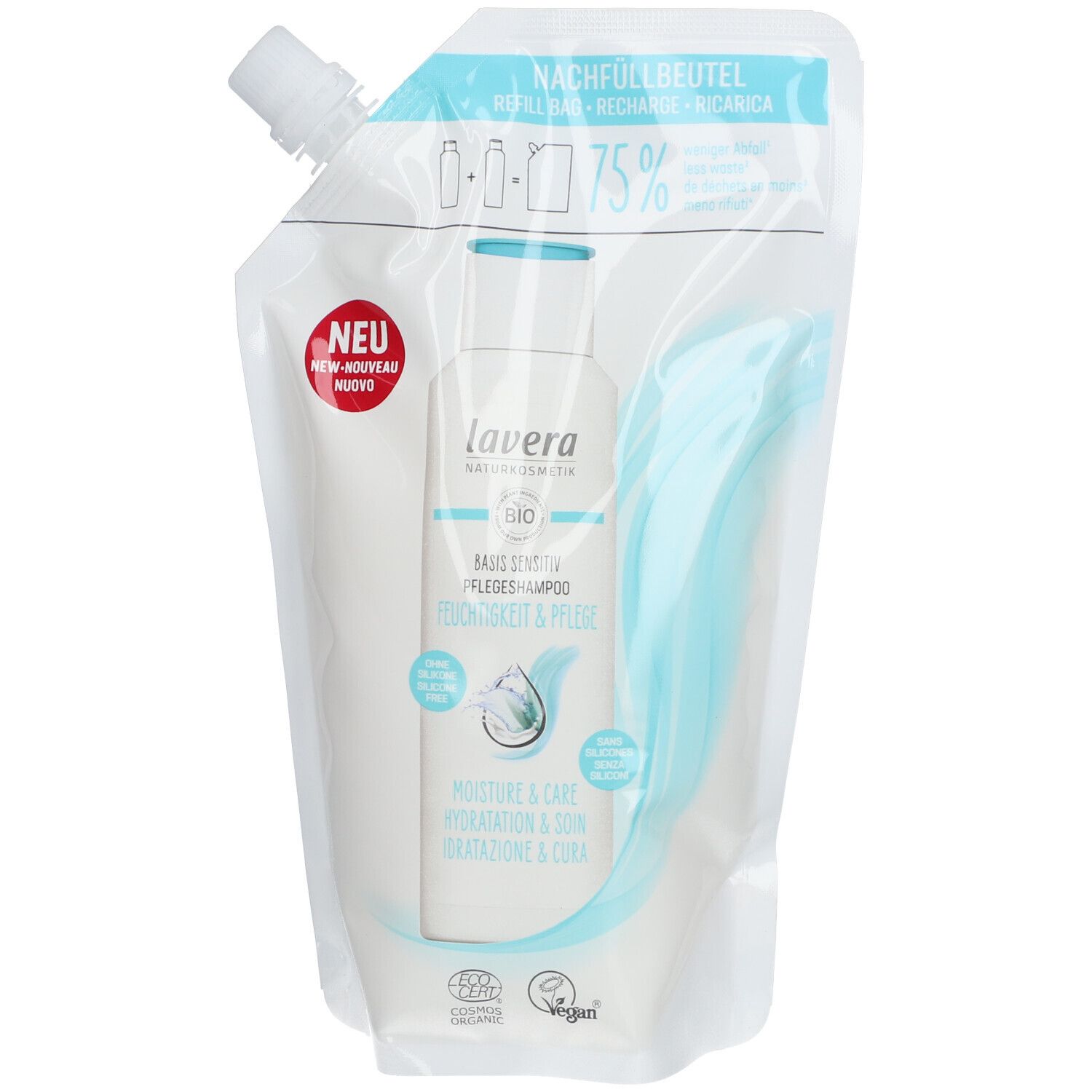 Recharge de shampooing. Texte: lavera, basis sensitiv, Feuchtigkeit & Pflege. Logos: Bio, Vegan. Indication: 75%.