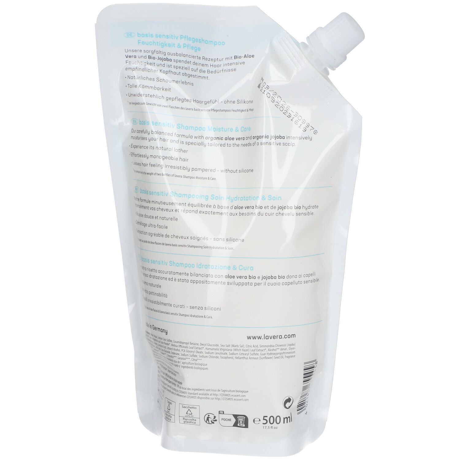 Dos de la recharge. Texte: lavera, basis sensitiv, Feuchtigkeit & Pflege. Logo: Vegan. Indication: 500 ml.