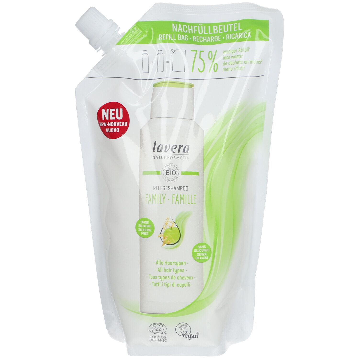Recharge de shampooing. Sachet blanc avec impression verte. Texte: lavera, BIO, Pflegeshampoo Family. Avec certifications.