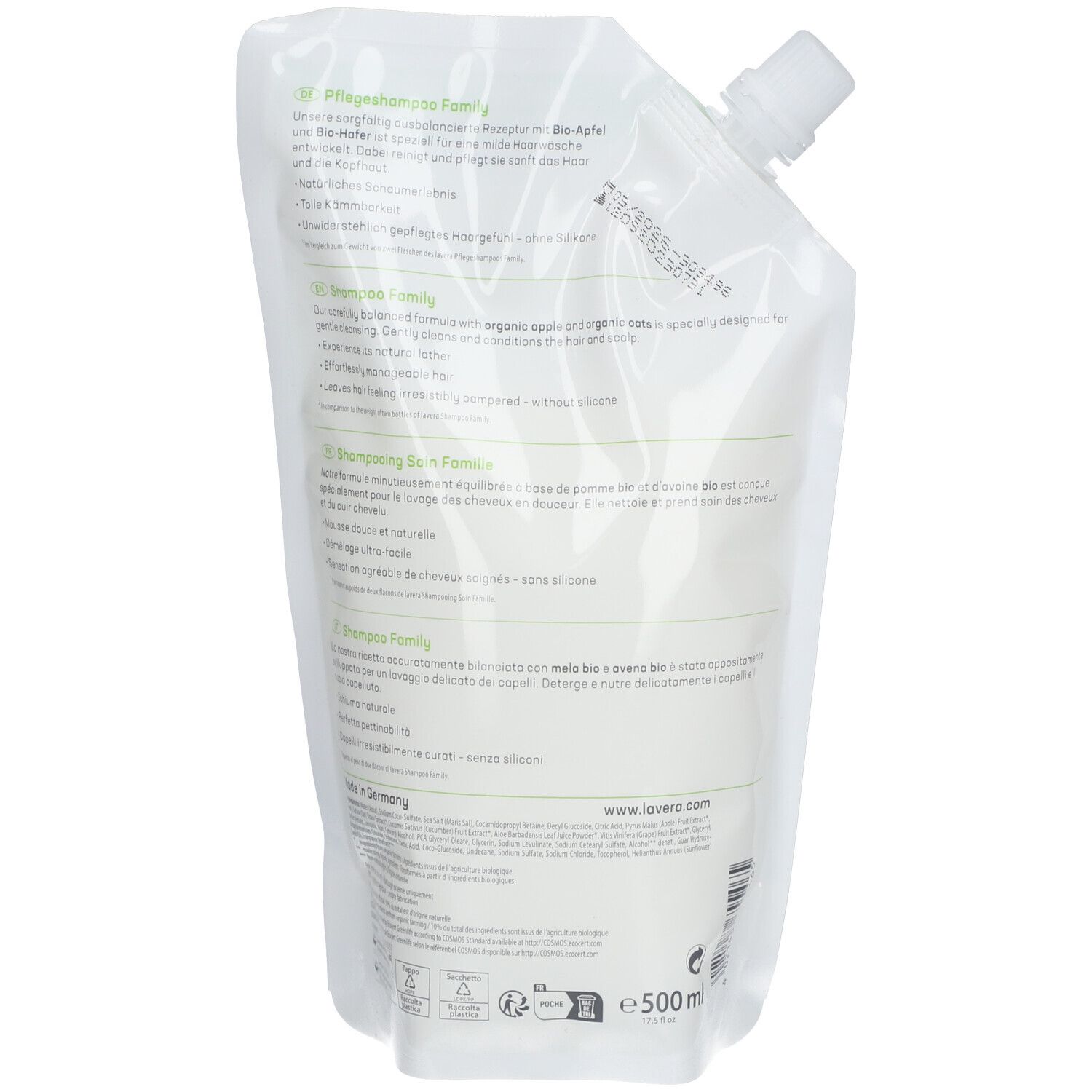 Dos du sachet de recharge. Sachet blanc avec texte et logos. Texte: lavera, Pflegeshampoo Family. Avec certifications et indication de volume.