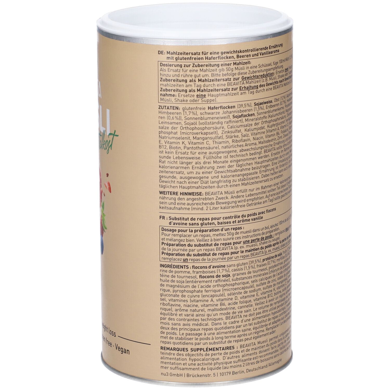 Arrière de la boîte avec instructions de préparation et informations supplémentaires pour BEAVITA Vitalkost Diät-Müsli, Baie.