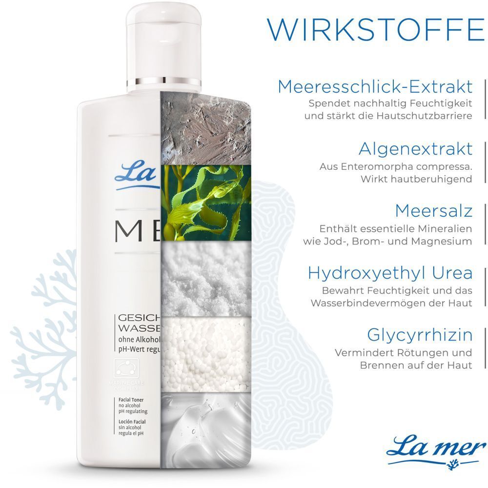 La mer MED Gesichtswasser. Produit avec ingrédients : Extrait de limon marin, extrait d'algues, sel marin, Hydroxyethyl Urea, Glycyrrhizin.