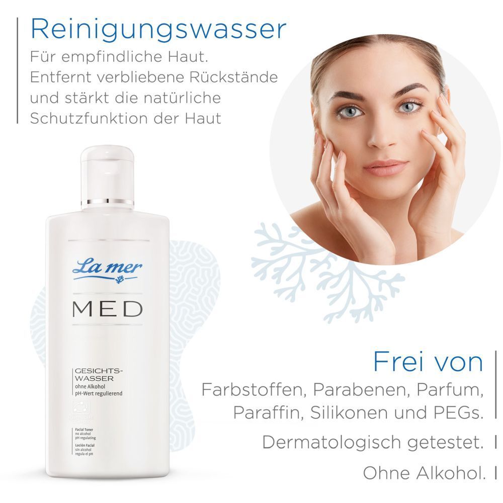 La mer MED Gesichtswasser. Produit pour peaux sensibles. Sans colorants, parabènes, parfum, paraffine, silicones et PEGs. Testé dermatologiquement.