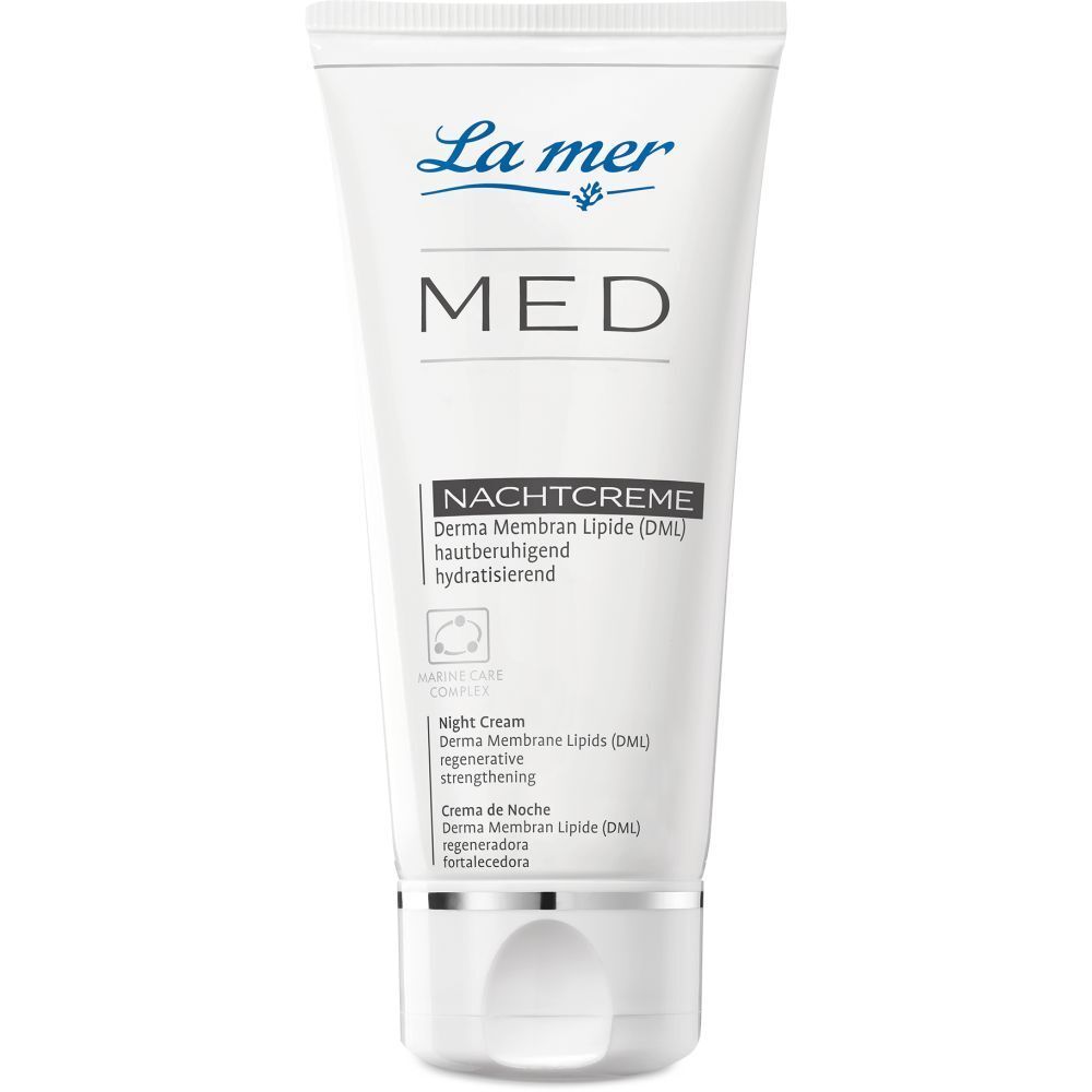 Tube de crème de nuit La mer MED. Blanc, texte bleu. Contient de la crème de nuit. Marine Care Complex.