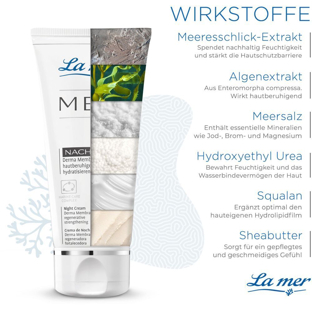 La mer MED Nachtcreme. Ingrédients : Extrait de limon marin, extrait d'algues, sel marin, urée hydroxyéthylique, squalane, beurre de karité.